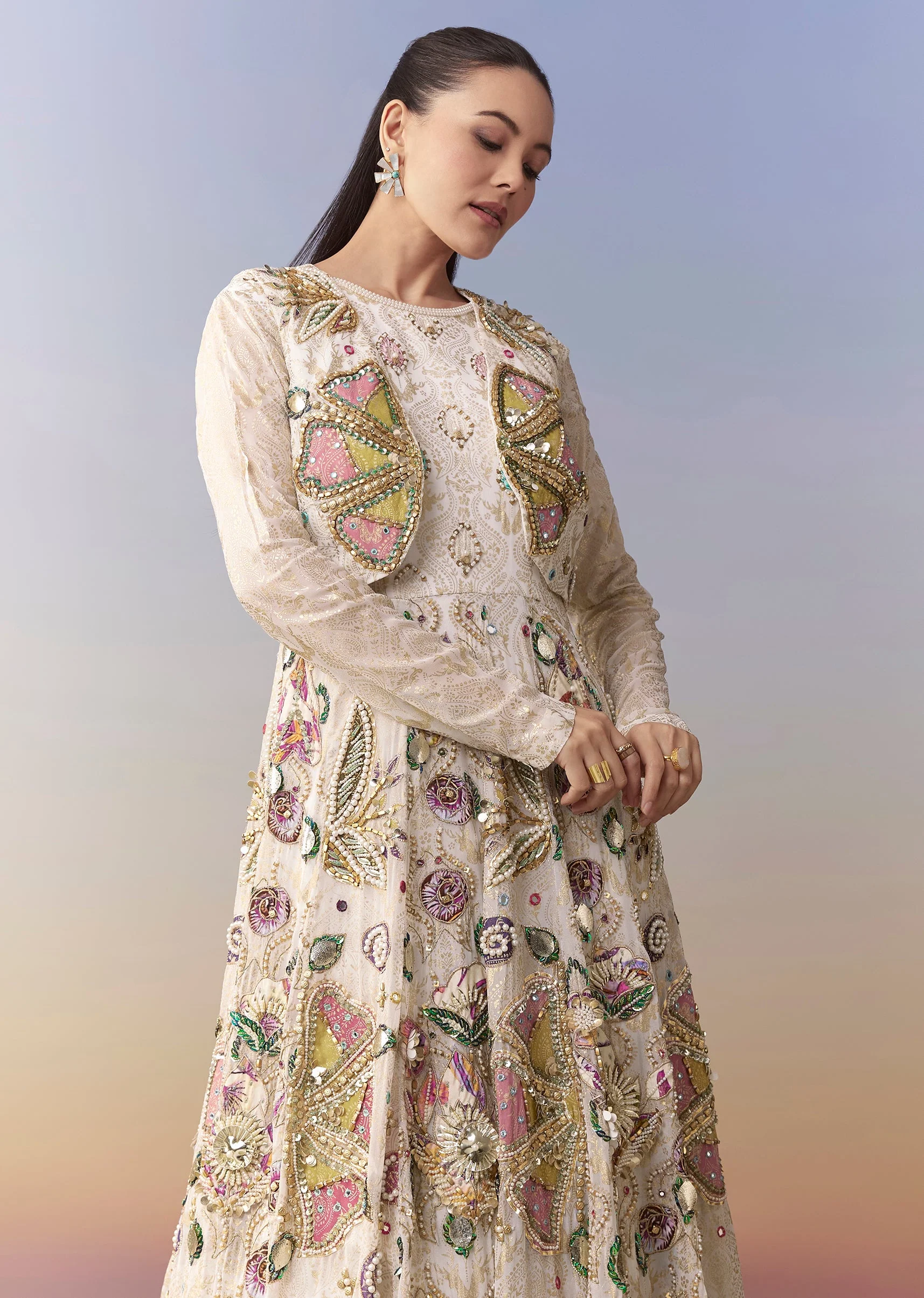 Cream Bead Embellished Gown with Jacket - Image 4