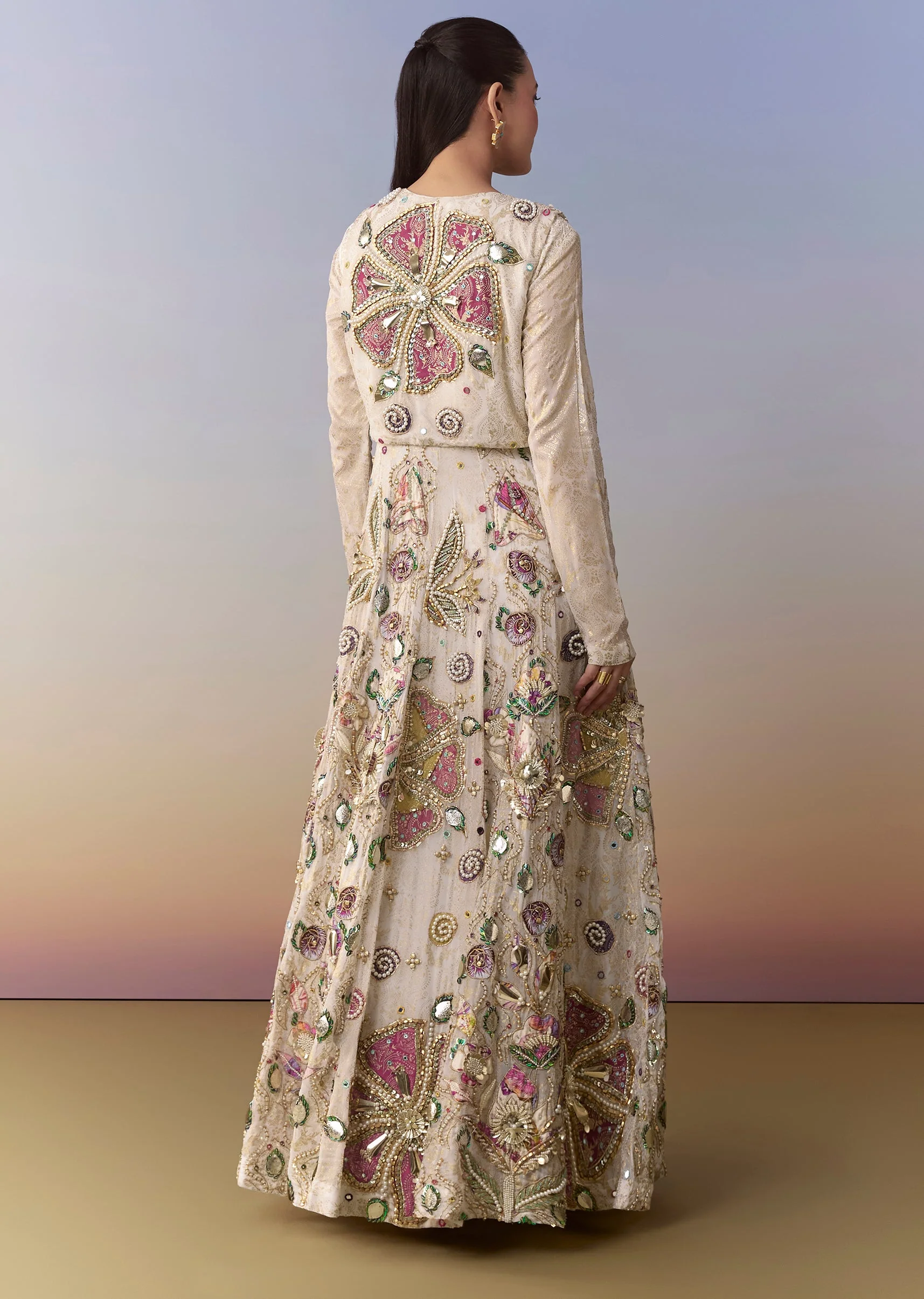 Cream Bead Embellished Gown with Jacket - Image 6