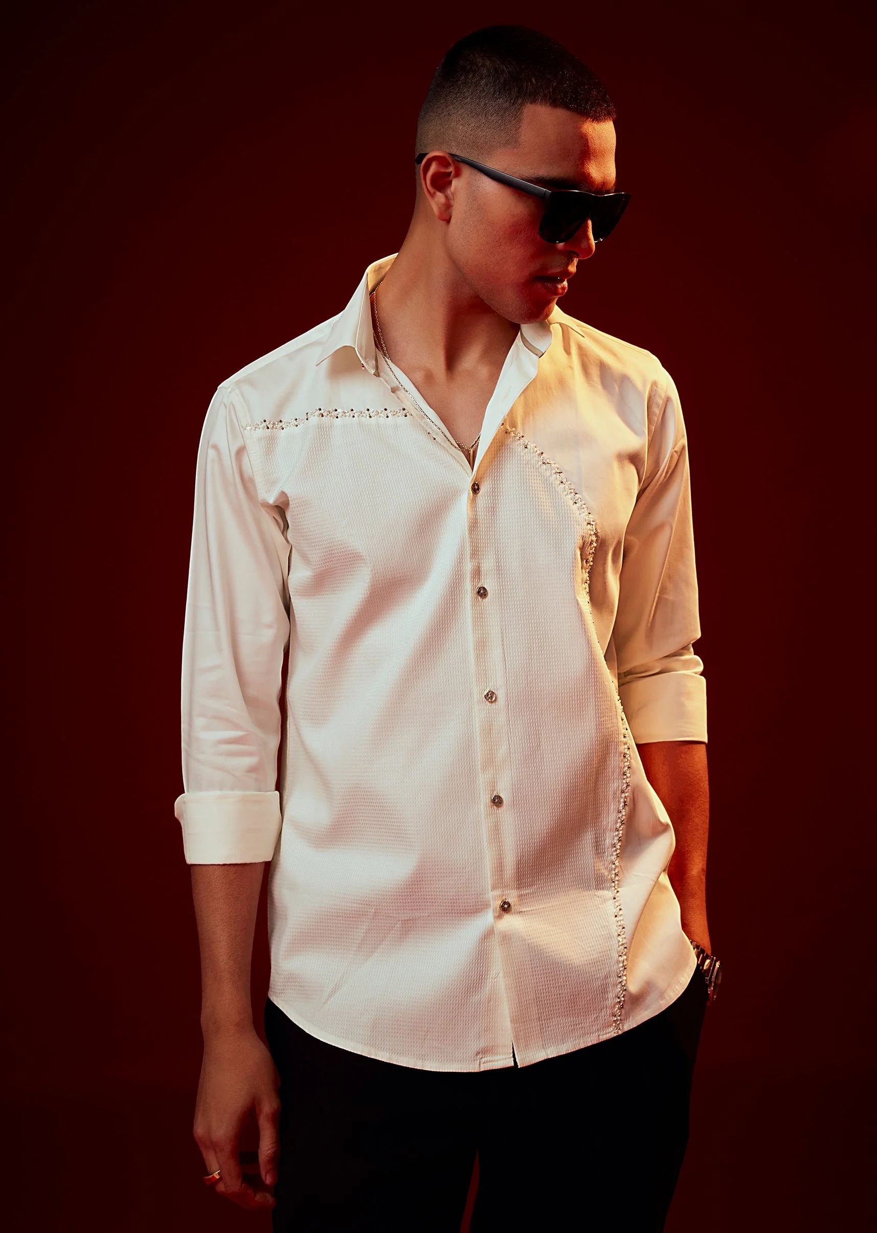 Cream Bead Embroidered Mandarin Collar Shirt - Image 3