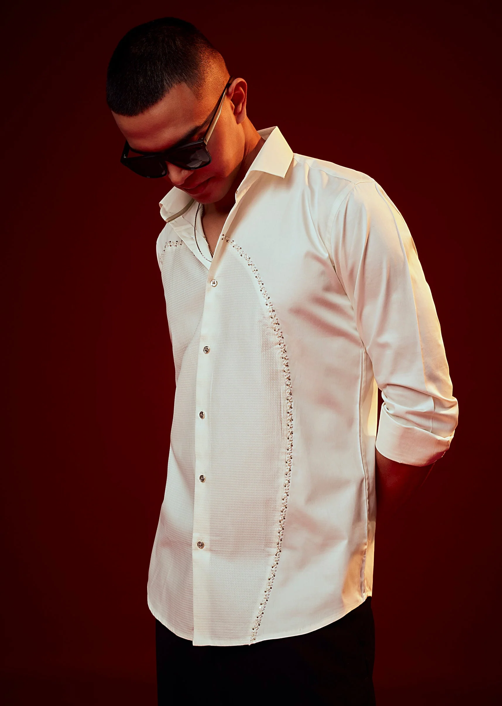 Cream Bead Embroidered Mandarin Collar Shirt - Image 4