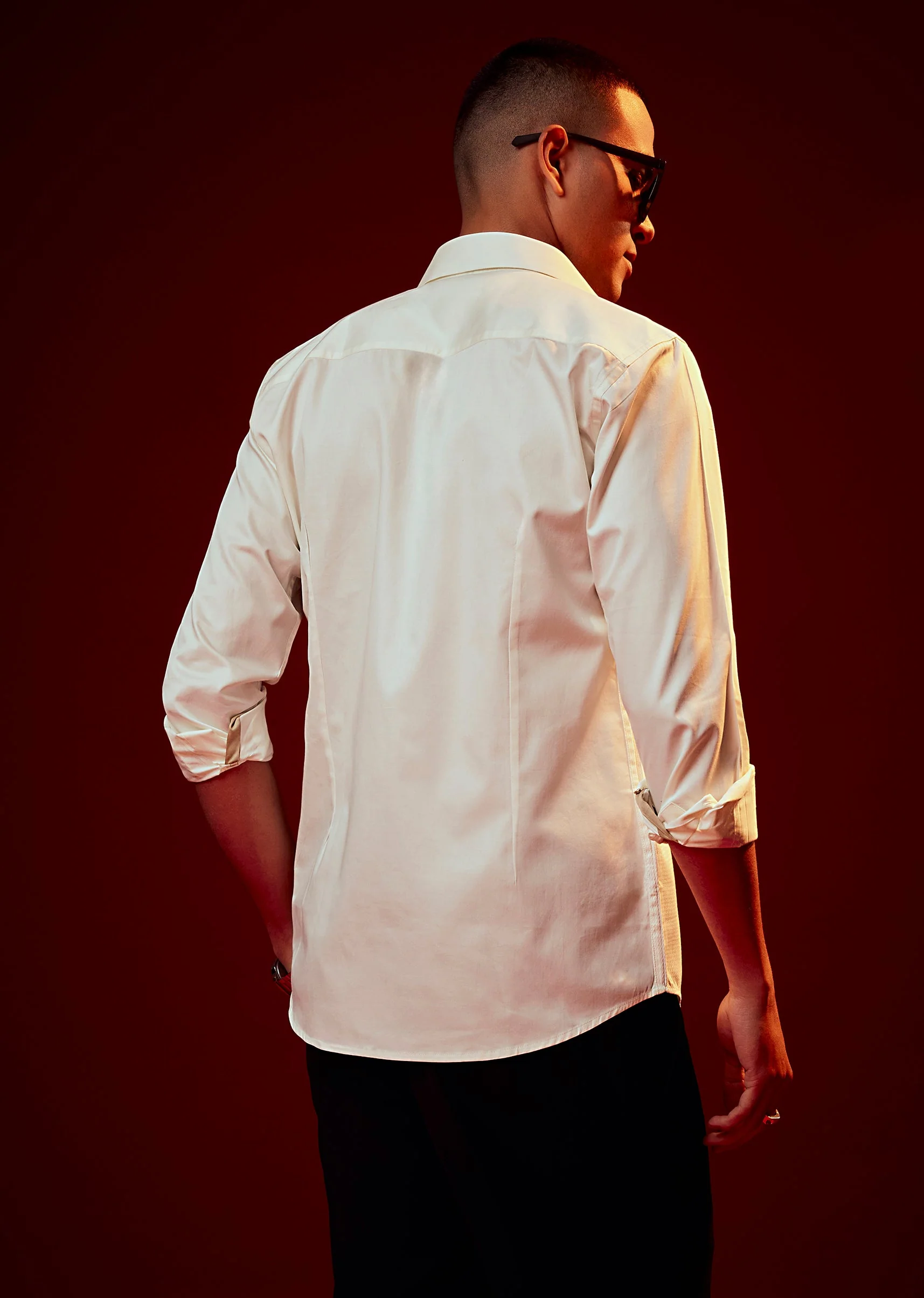 Cream Bead Embroidered Mandarin Collar Shirt - Image 5