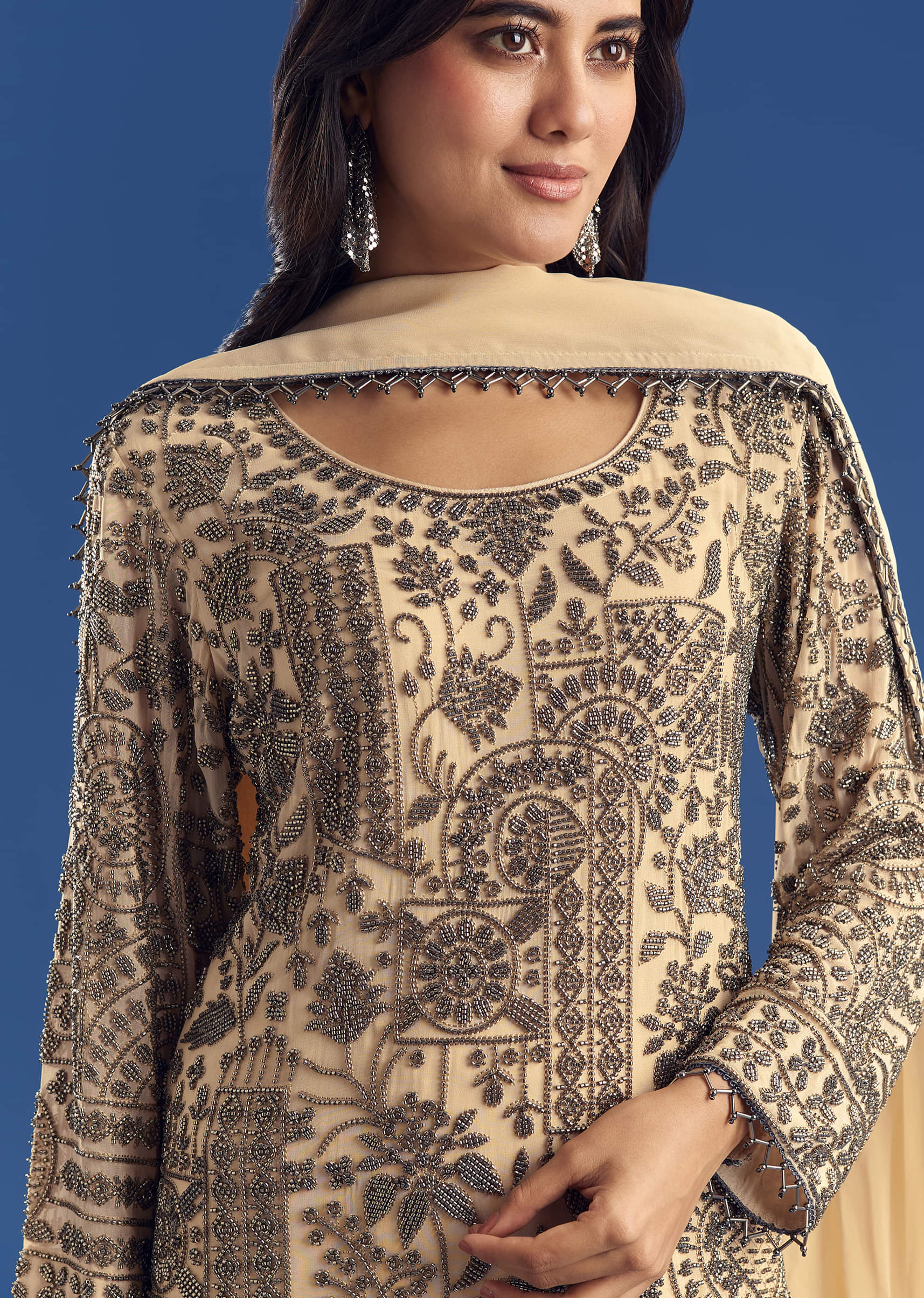 Cream Beaded Kurta Dupatta Set With Georgette Pant