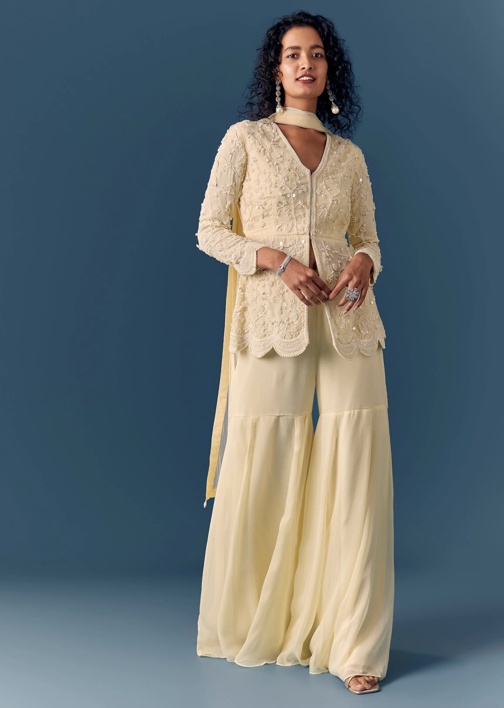 Cream Beaded Peplum Kurta Sharara Set With Dupatta - Image 3