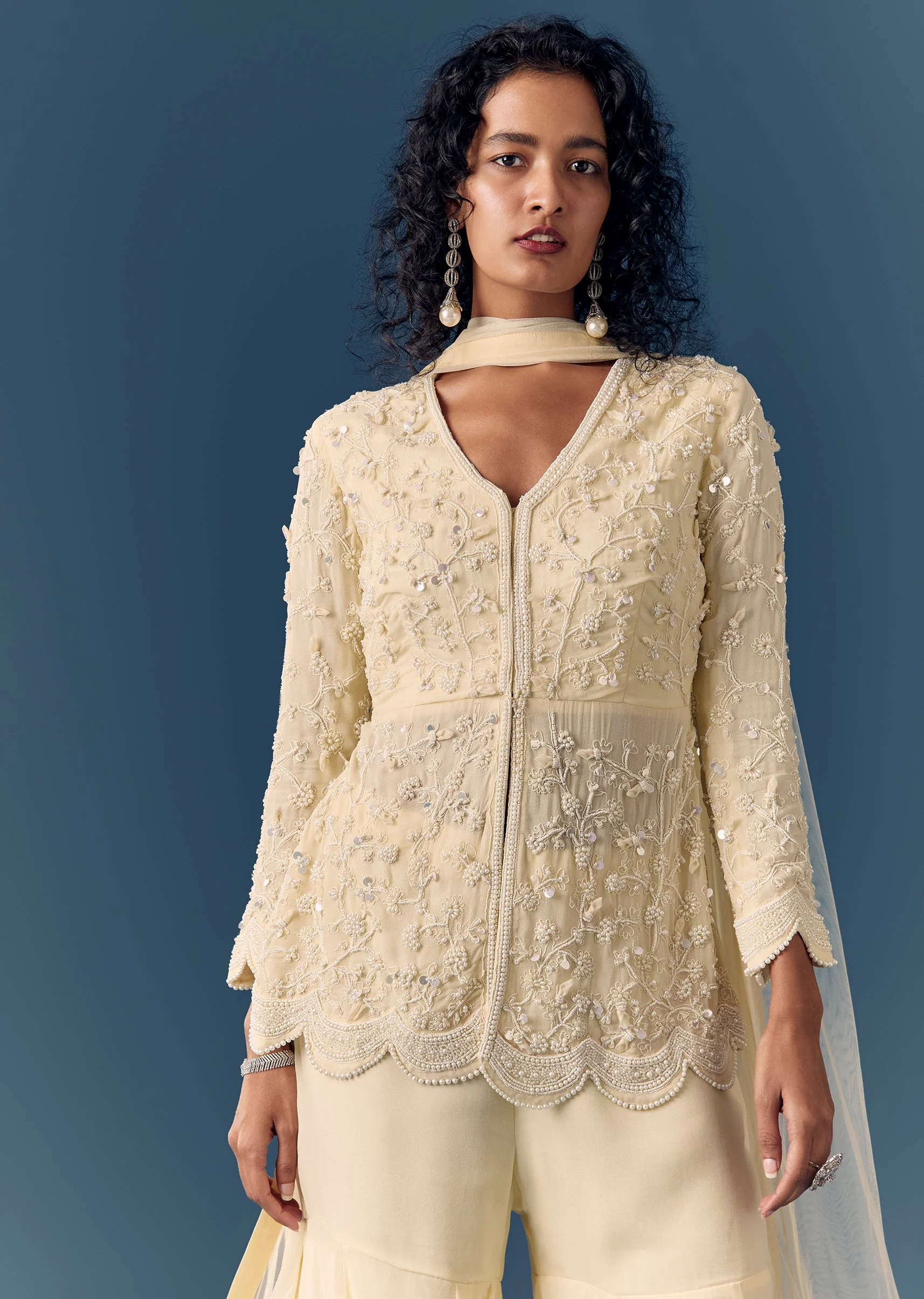 Cream Beaded Peplum Kurta Sharara Set With Dupatta - Image 4