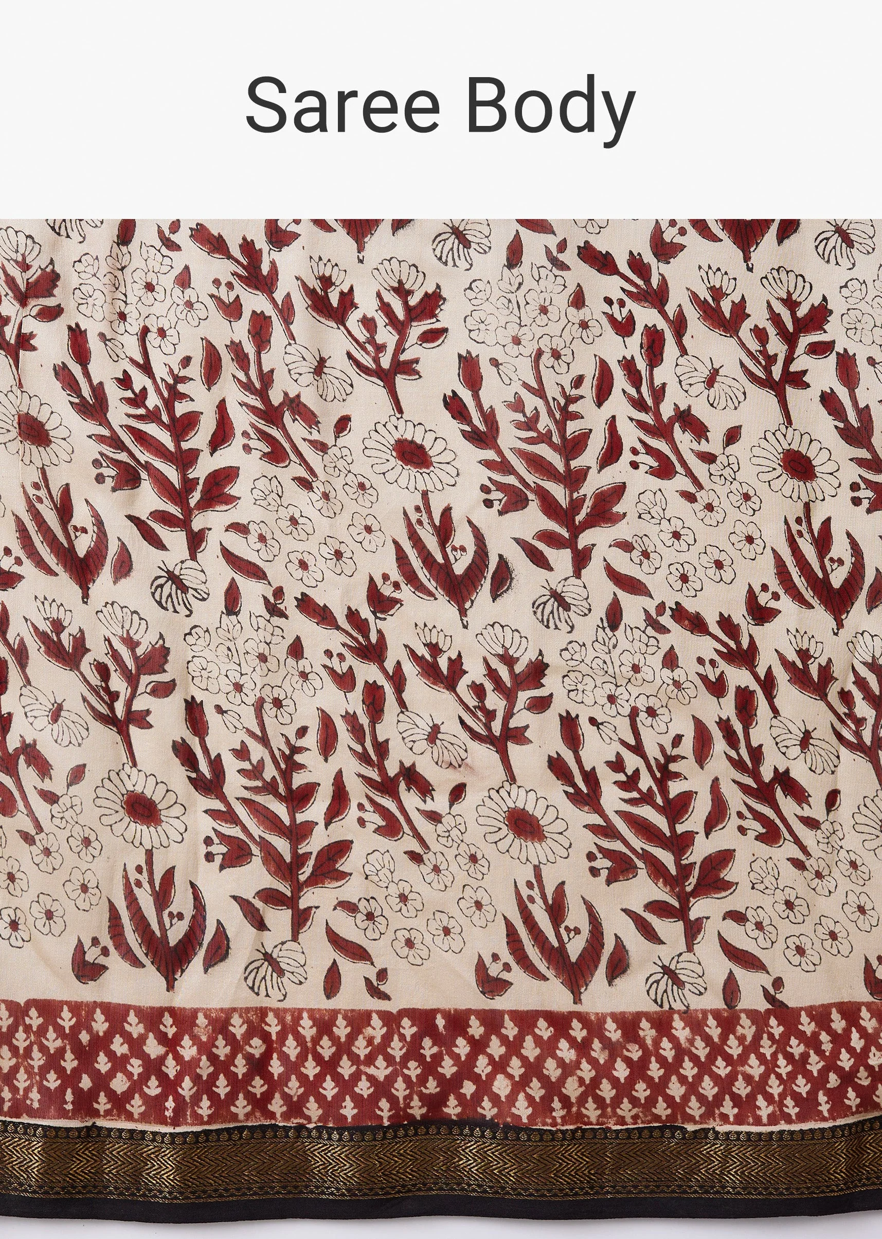 Cream Block Print Saree with Unstitched Blouse - Image 9