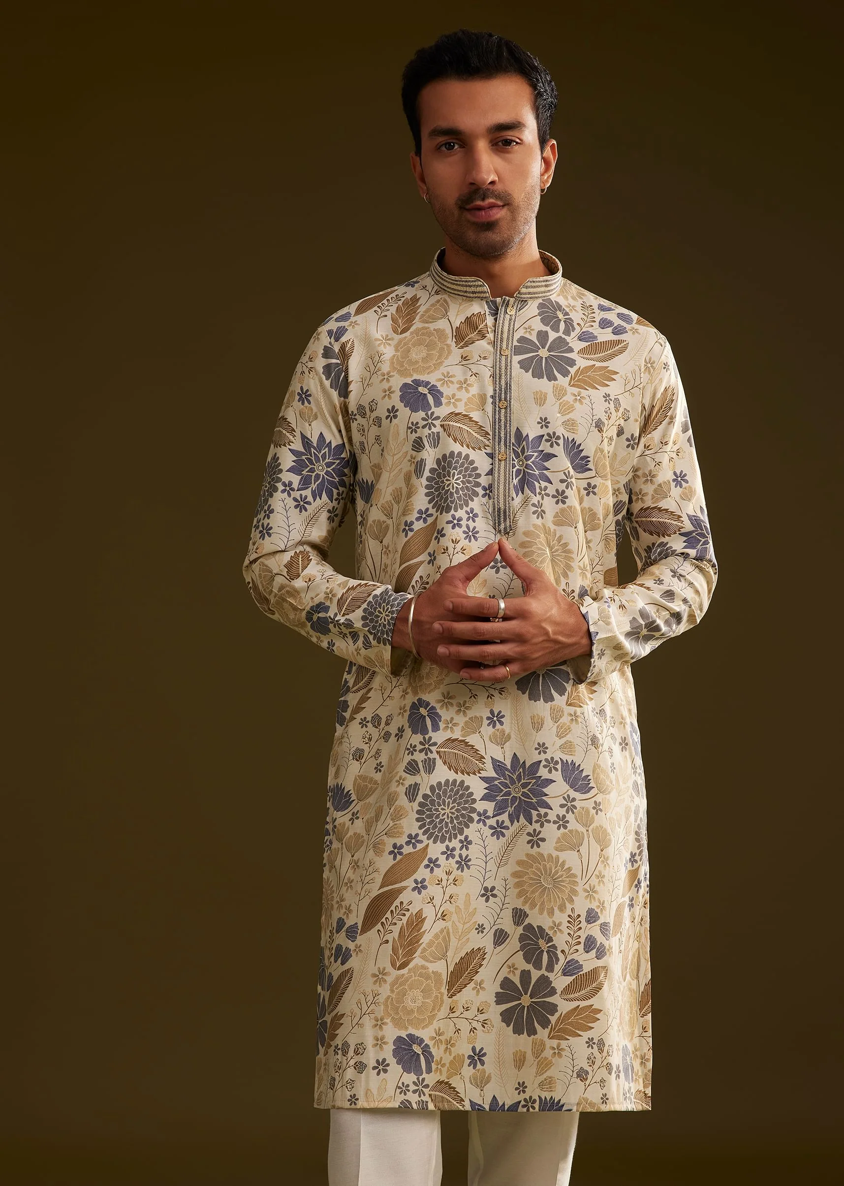 Cream Blue Silk Floral Printed Kurta Set - Image 4