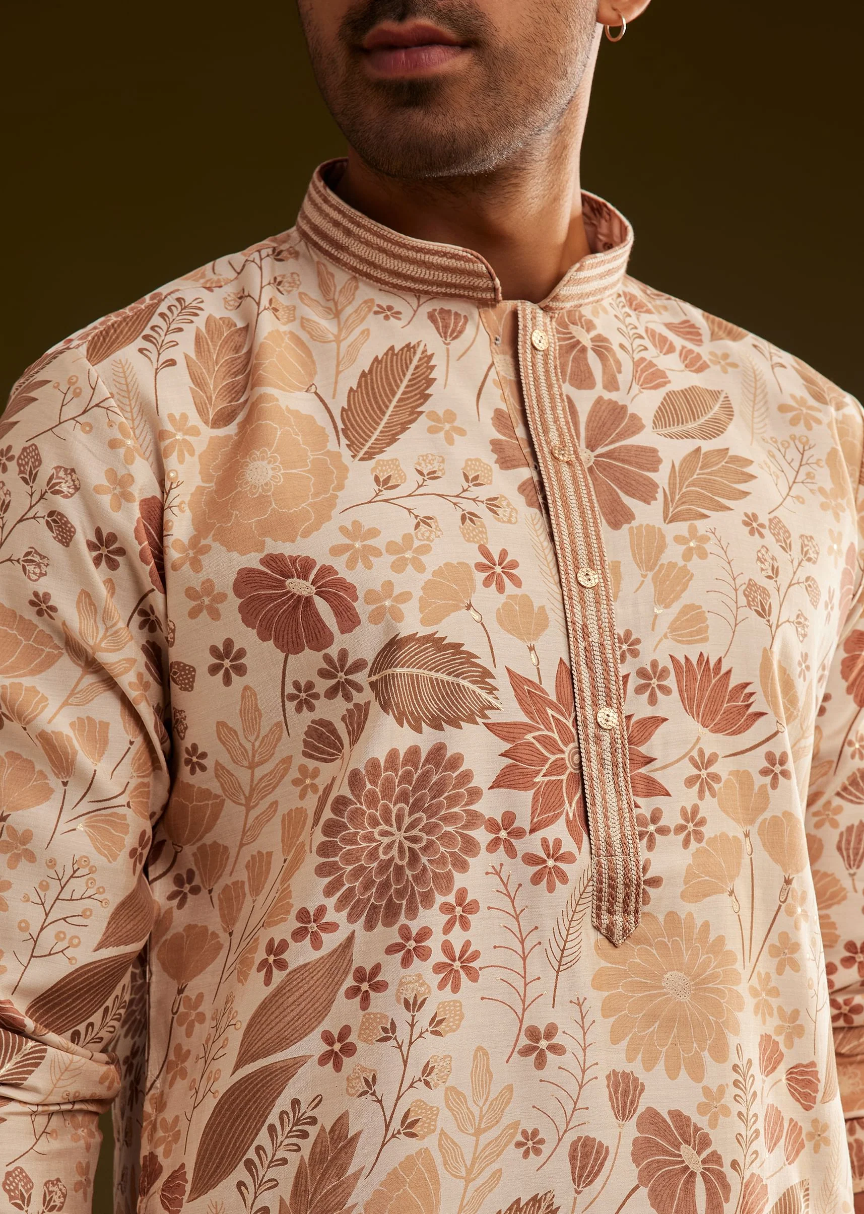 Cream Brown Silk Floral Printed Kurta Set - Image 2
