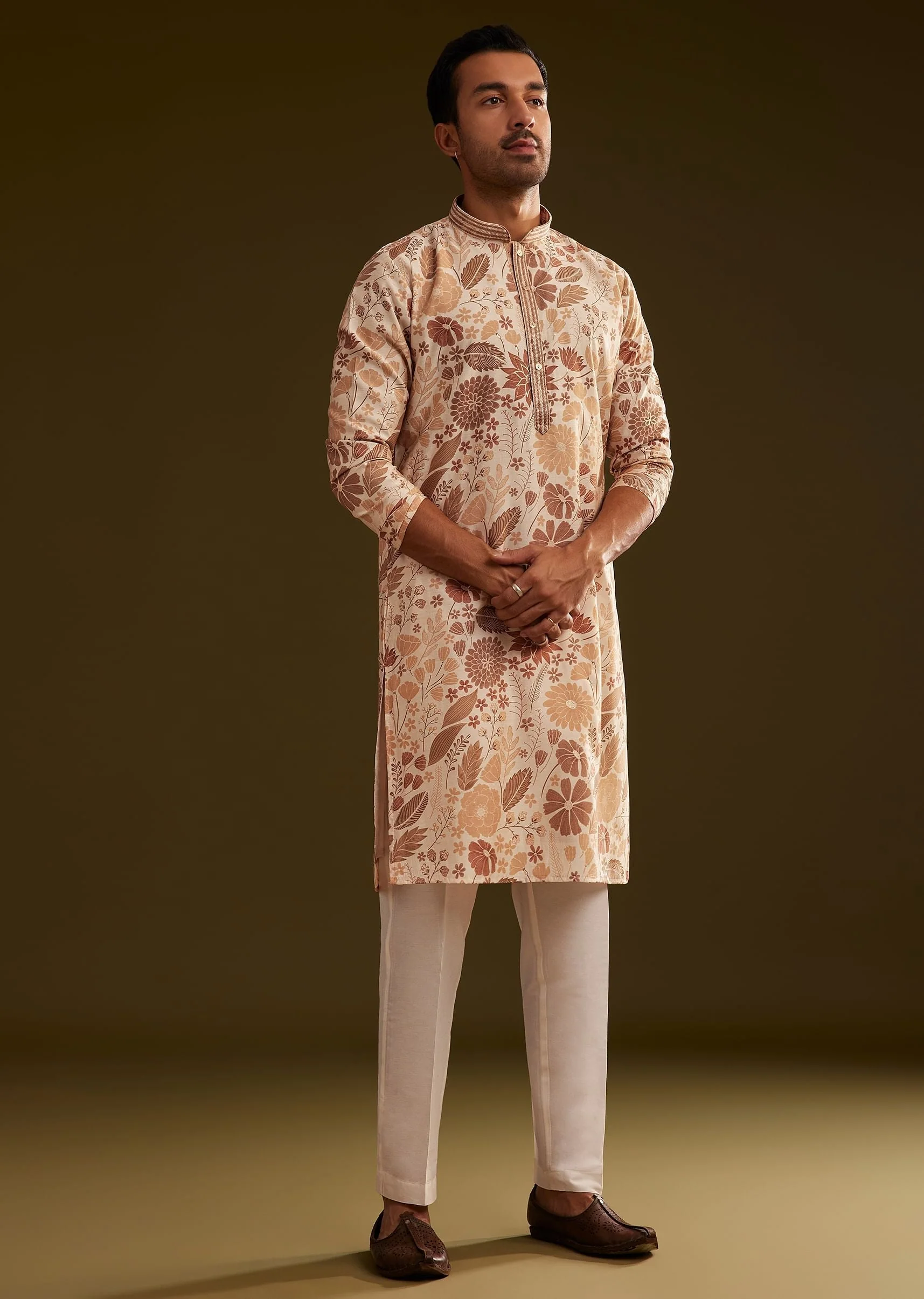 Cream Brown Silk Floral Printed Kurta Set - Image 3