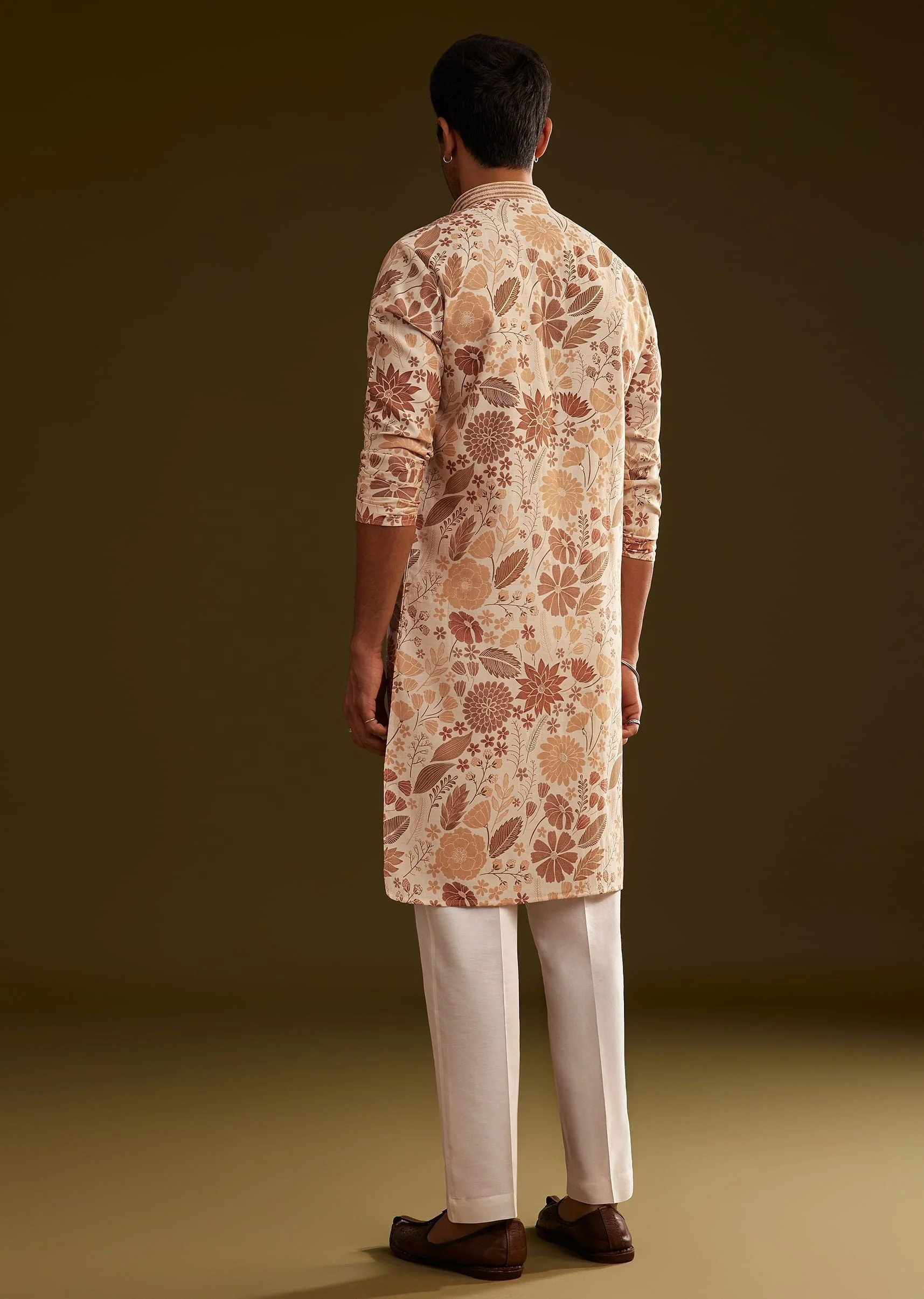 Cream Brown Silk Floral Printed Kurta Set - Image 5
