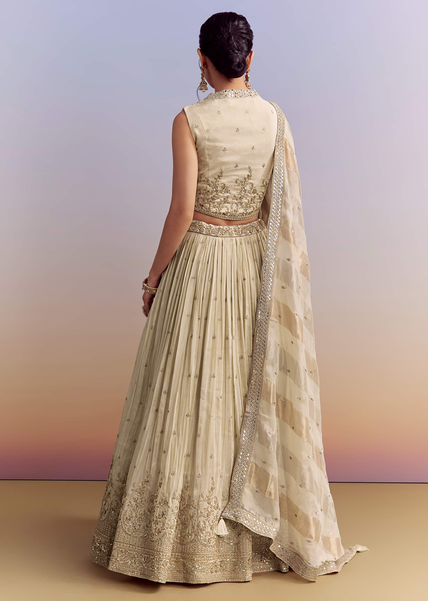 Cream Chinon Bridesmaid Lehenga With Tissue Dupatta - Image 2