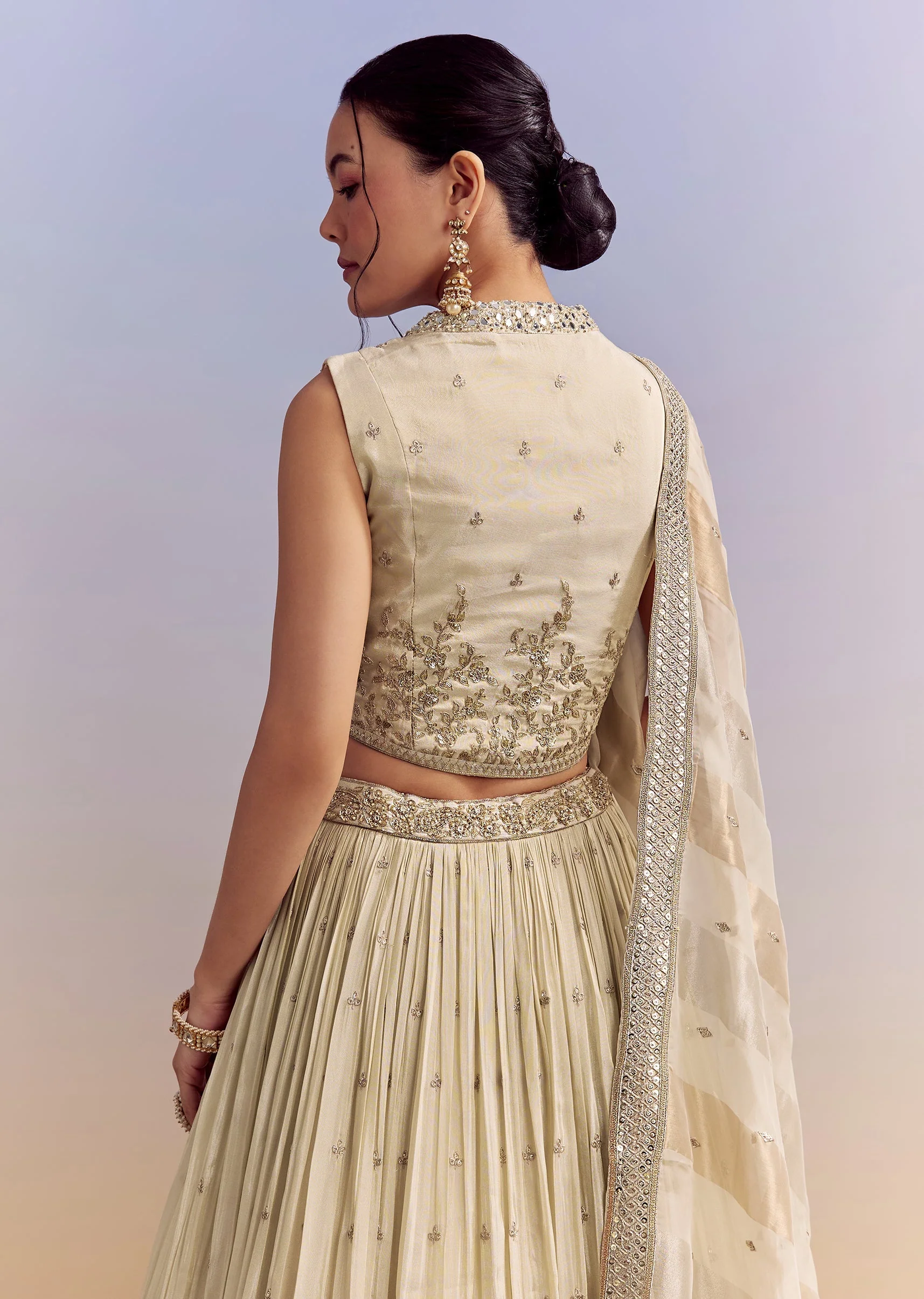 Cream Chinon Bridesmaid Lehenga With Tissue Dupatta - Image 6