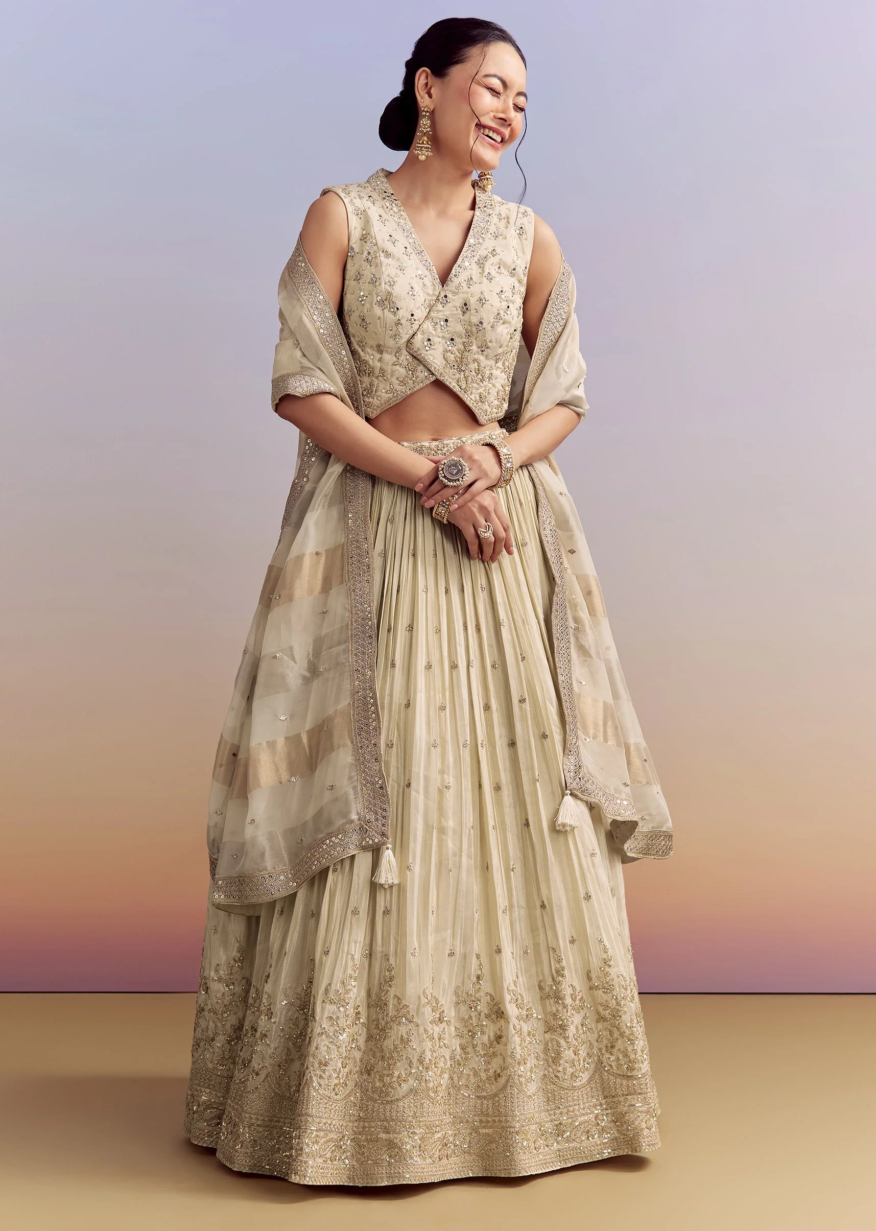 Cream Chinon Bridesmaid Lehenga With Tissue Dupatta - Image 8