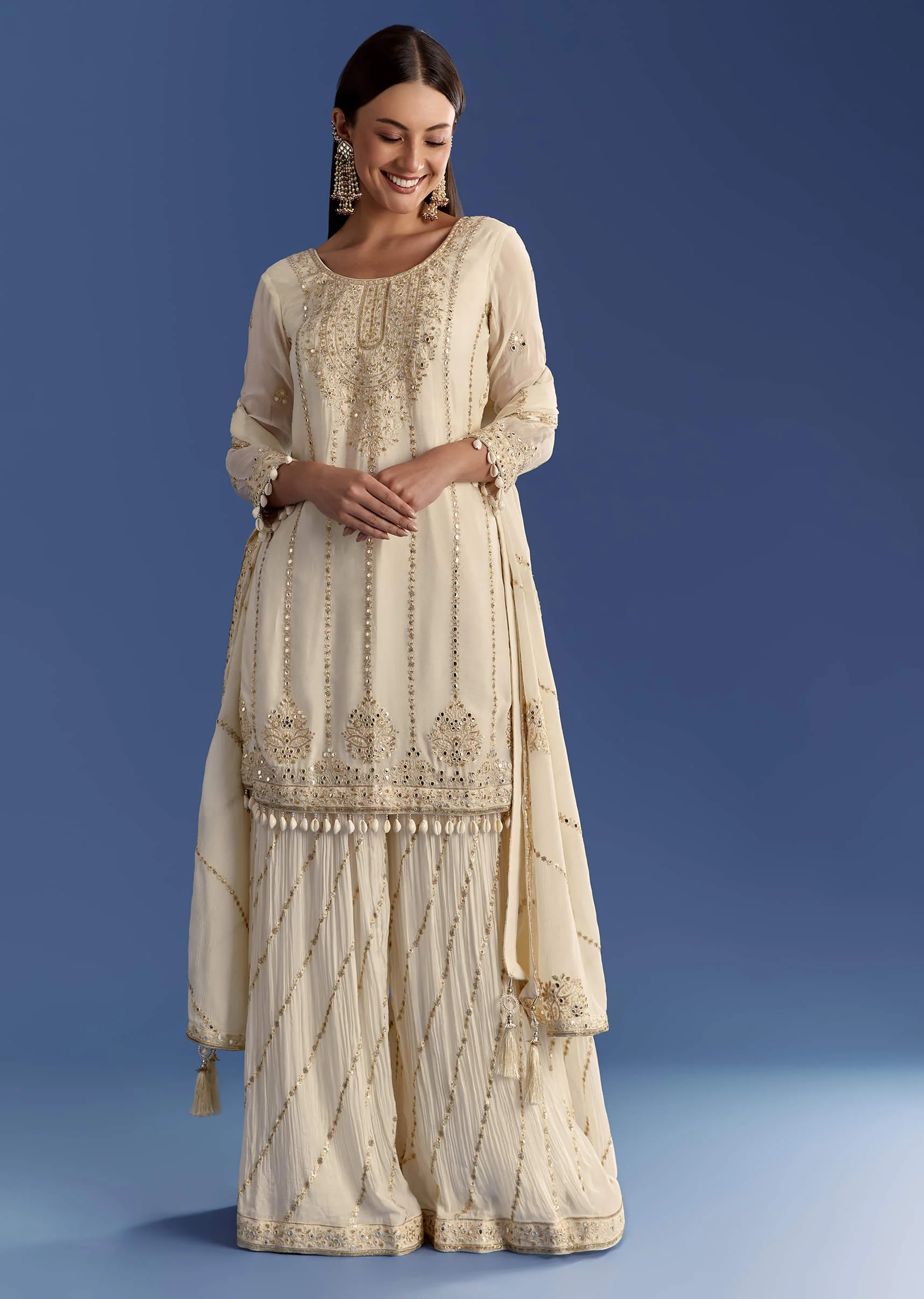 Cream Chinon Kurta Palazzo Set With Resham And Sequins Work - Image 2