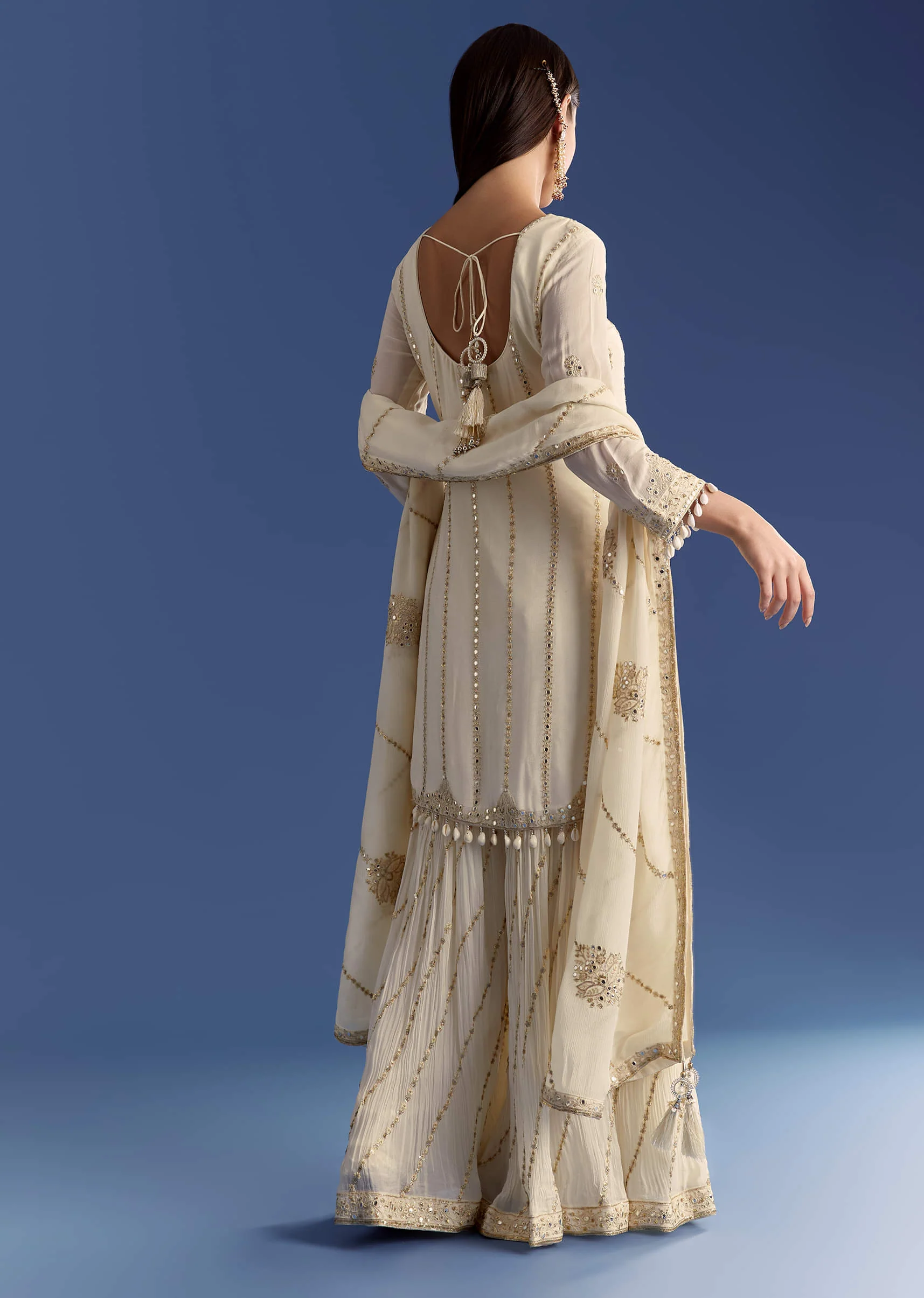 Cream Chinon Kurta Palazzo Set With Resham And Sequins Work - Image 5