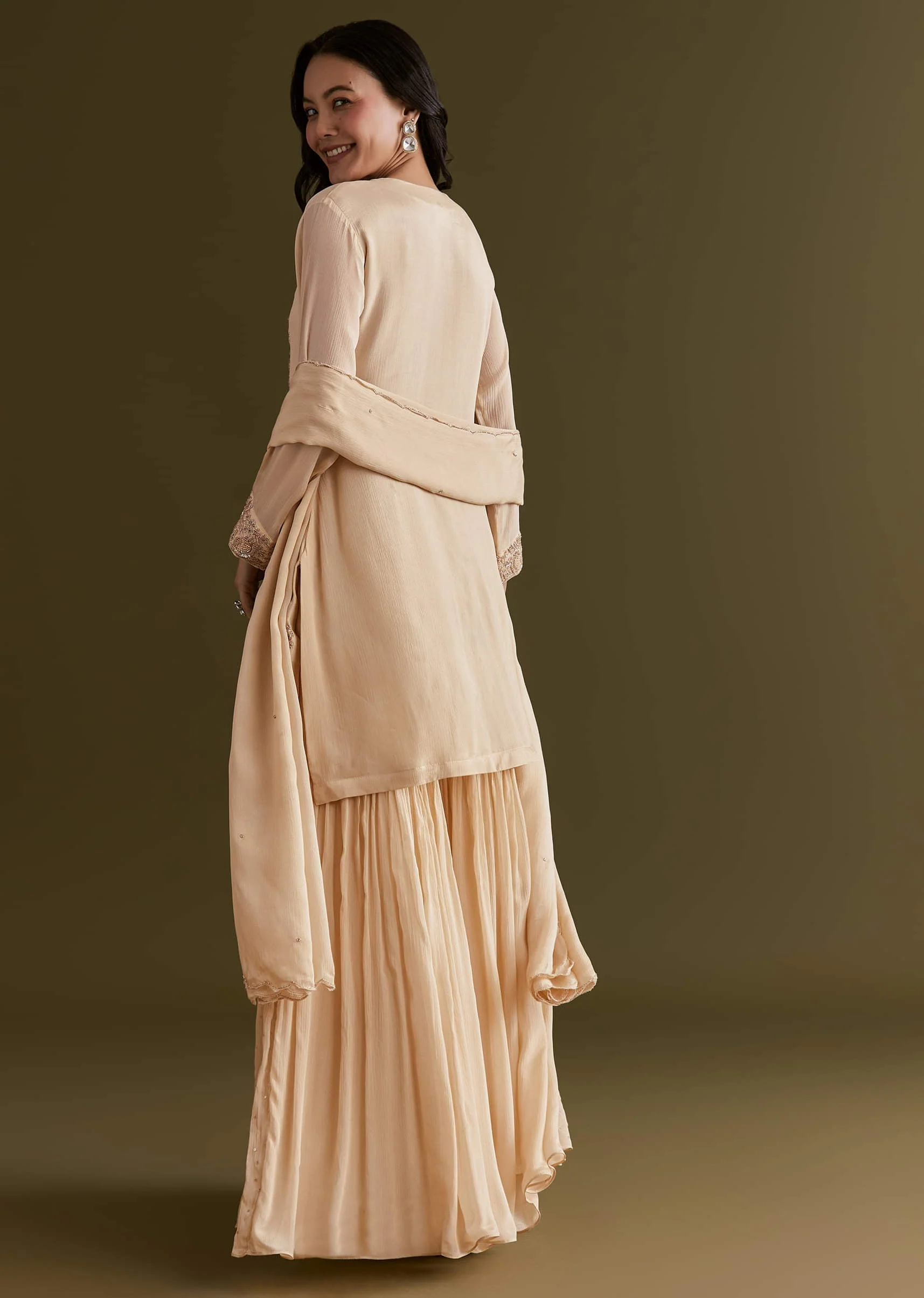 Cream Chinon Kurta Sharara Suit With Embroidered Dupatta - Image 5