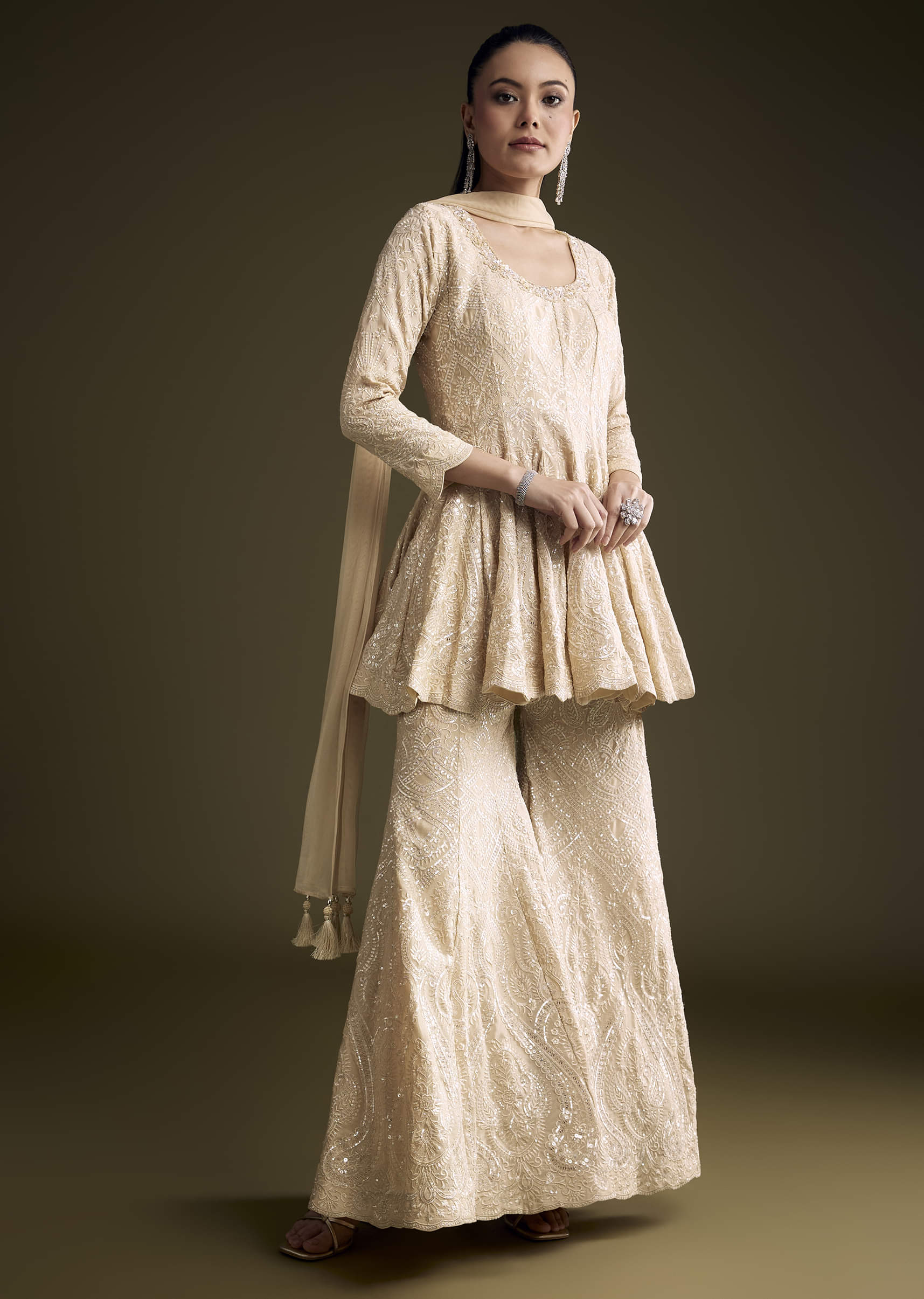 Cream Chinon Palazzo Suit With Sequins And Resham Work - Image 3