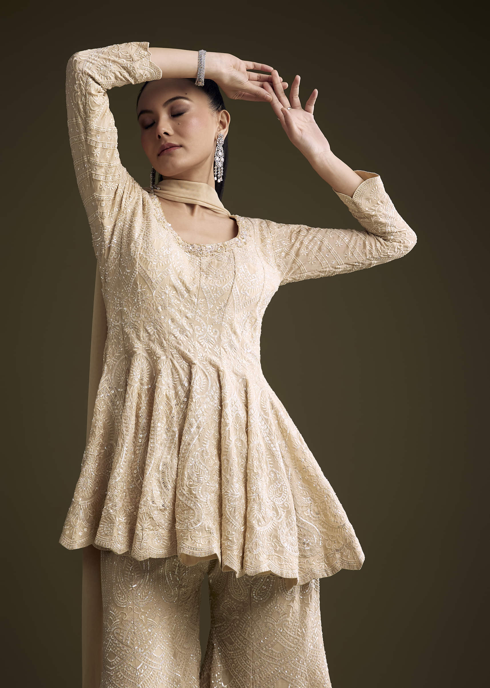 Cream Chinon Palazzo Suit With Sequins And Resham Work - Image 4
