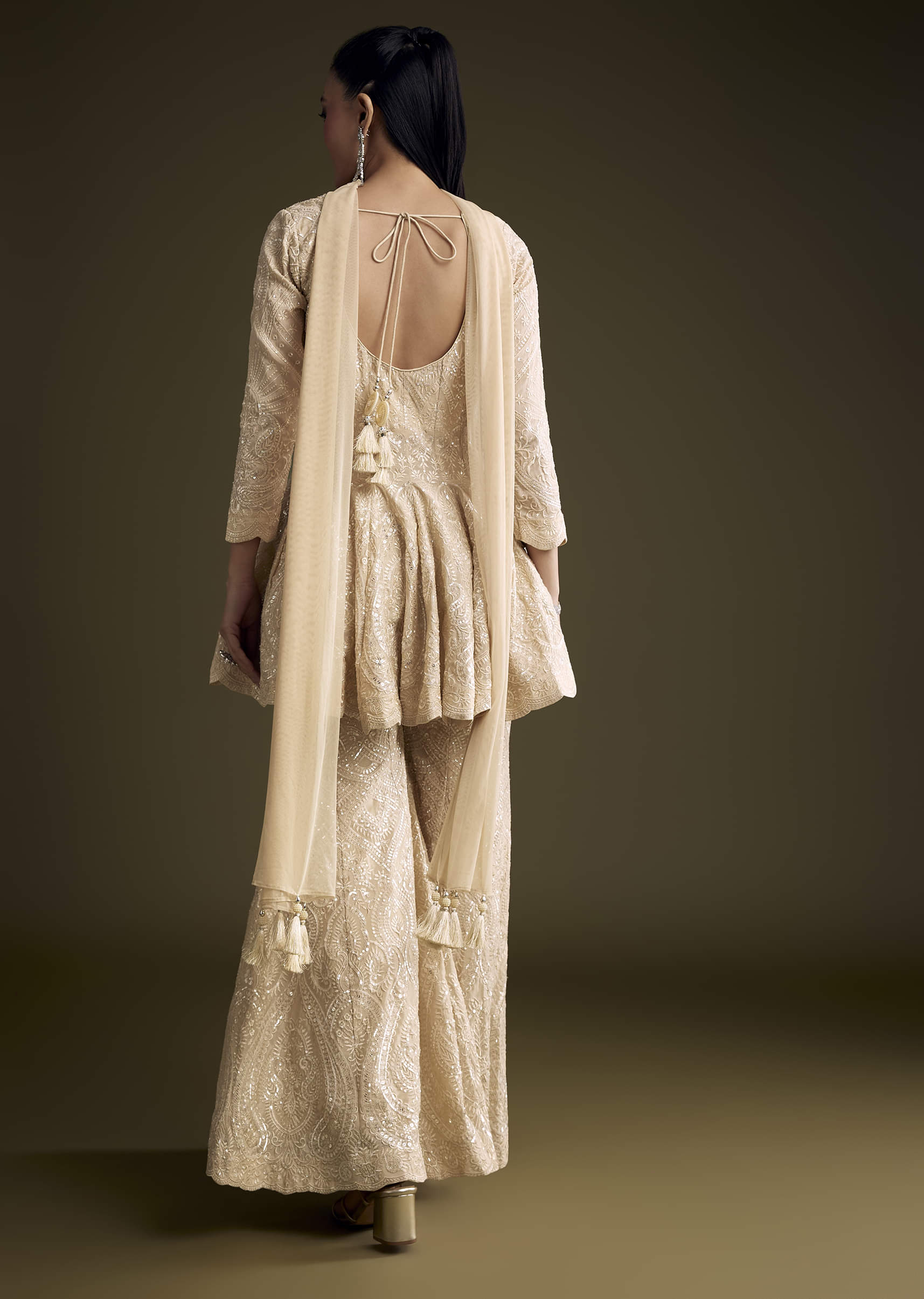 Cream Chinon Palazzo Suit With Sequins And Resham Work - Image 5