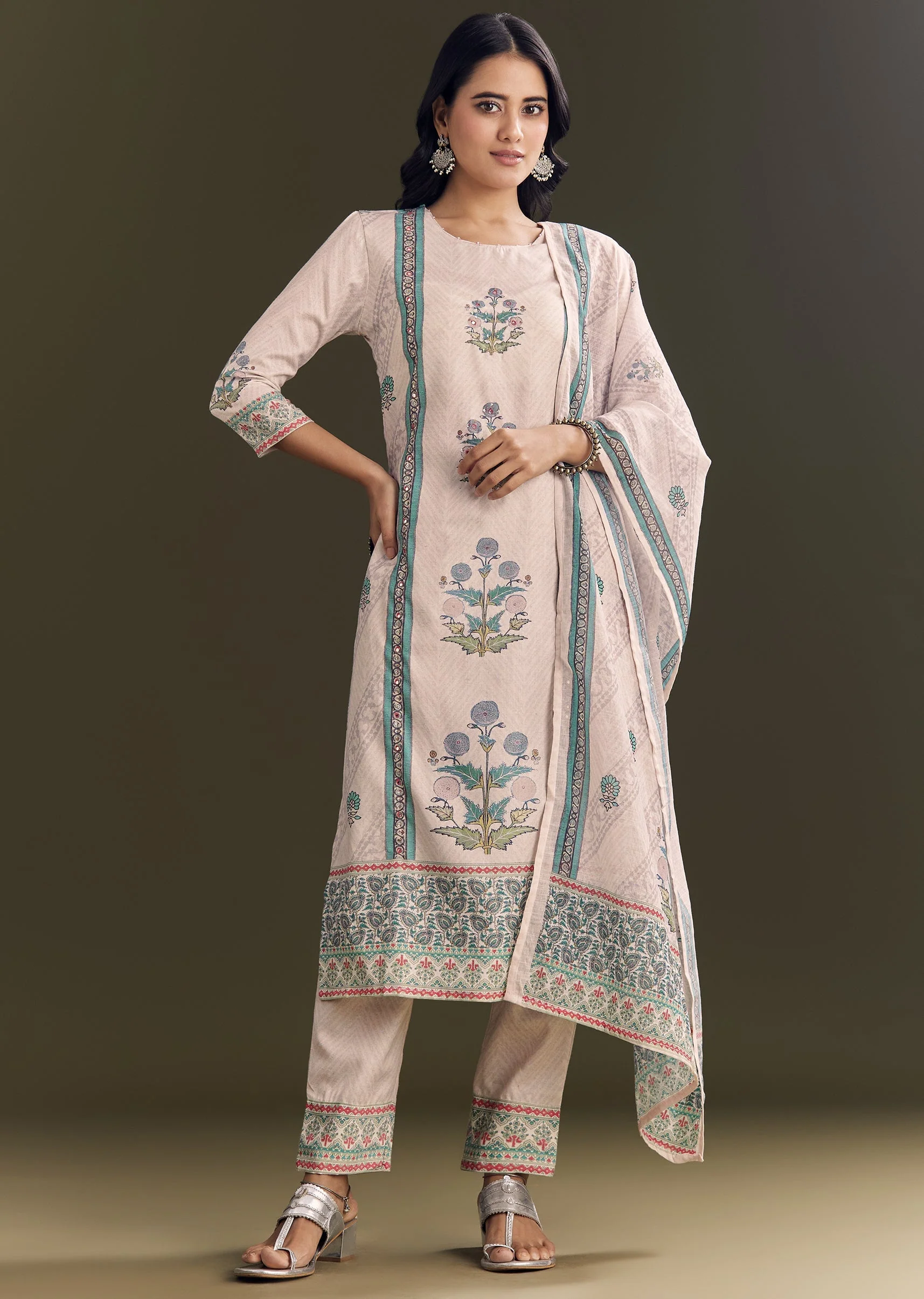 Cream Cotton Block Print Kurta Pant With Dupatta - Image 3