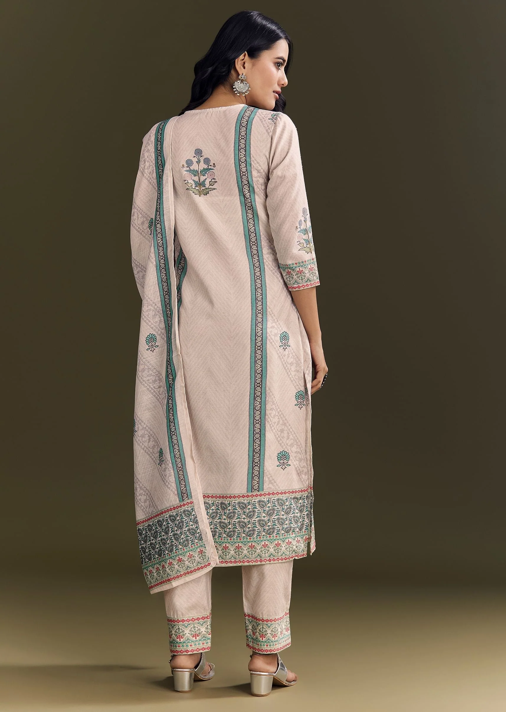 Cream Cotton Block Print Kurta Pant With Dupatta - Image 5