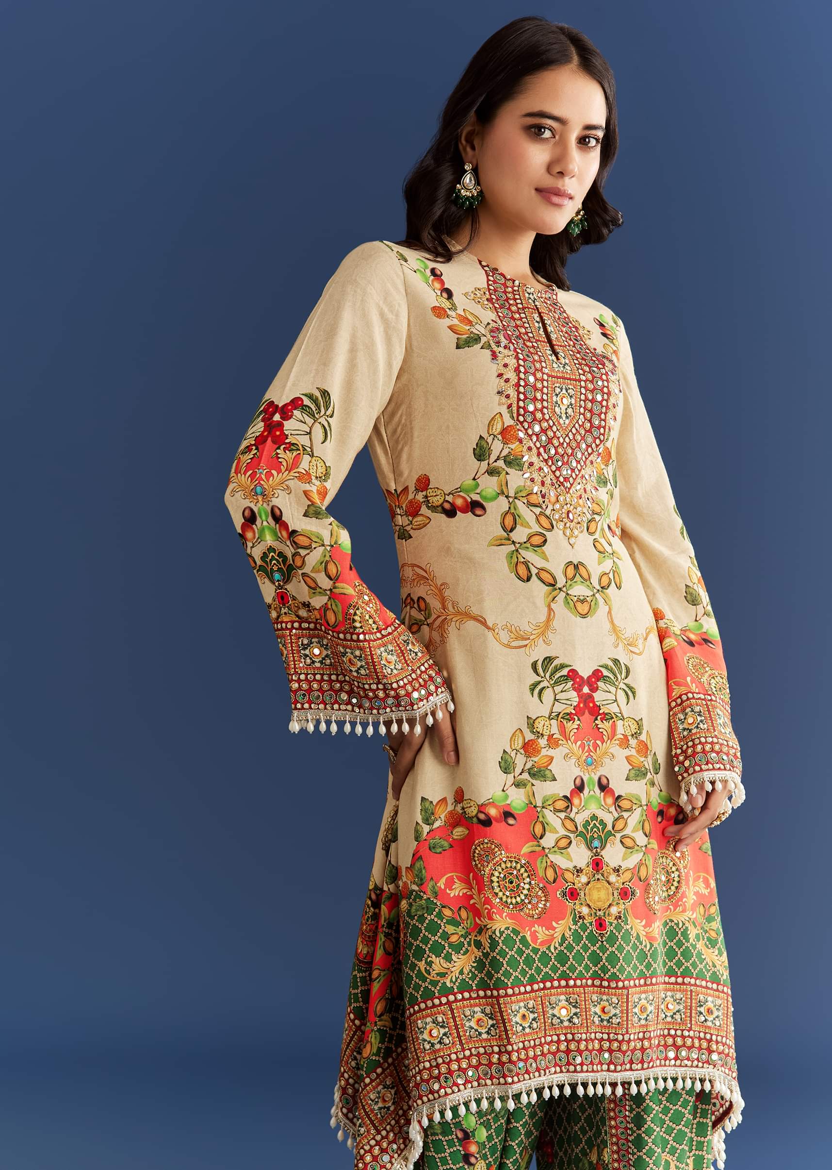 Cream Cotton Muslin Printed Asymmetrical Kurta Dhoti - Image 4