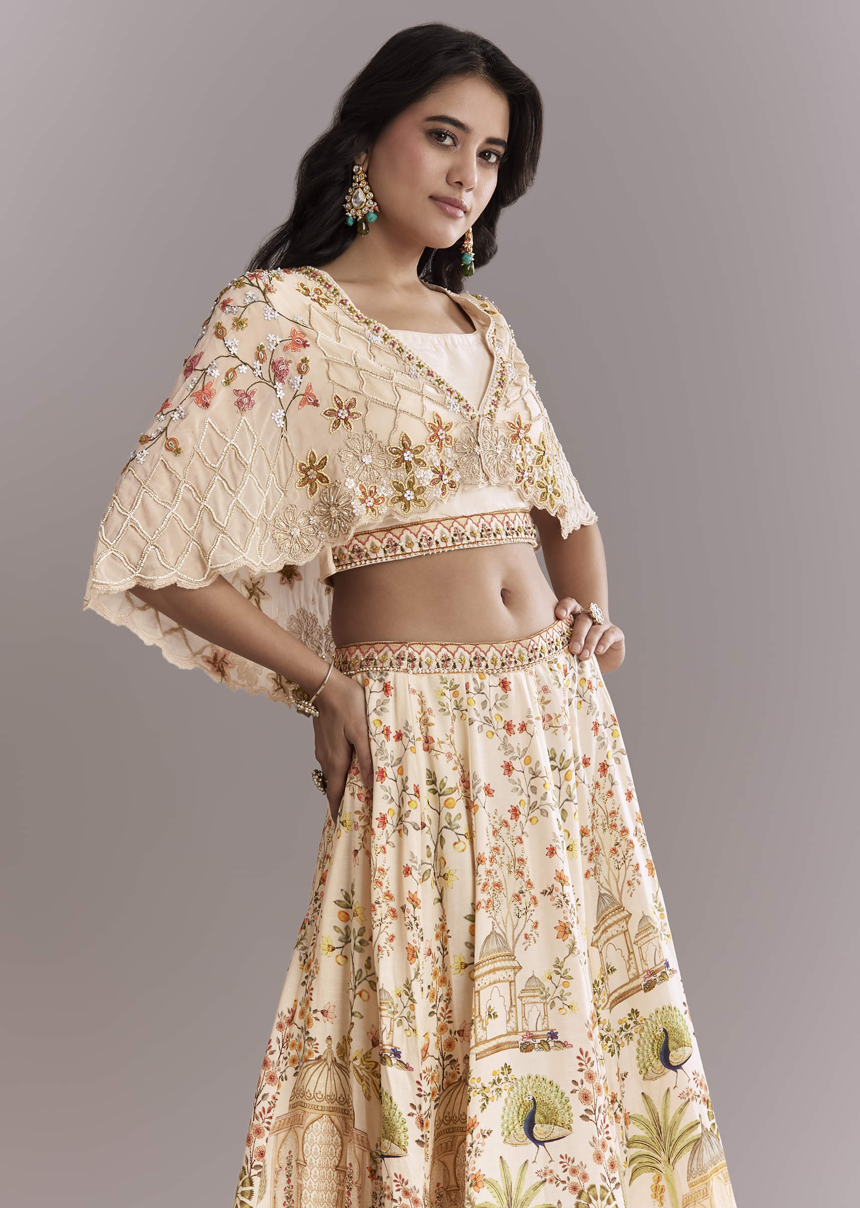 Cream Crepe Crop Top And Printed Skirt Set With Beads Embroidery - Image 5