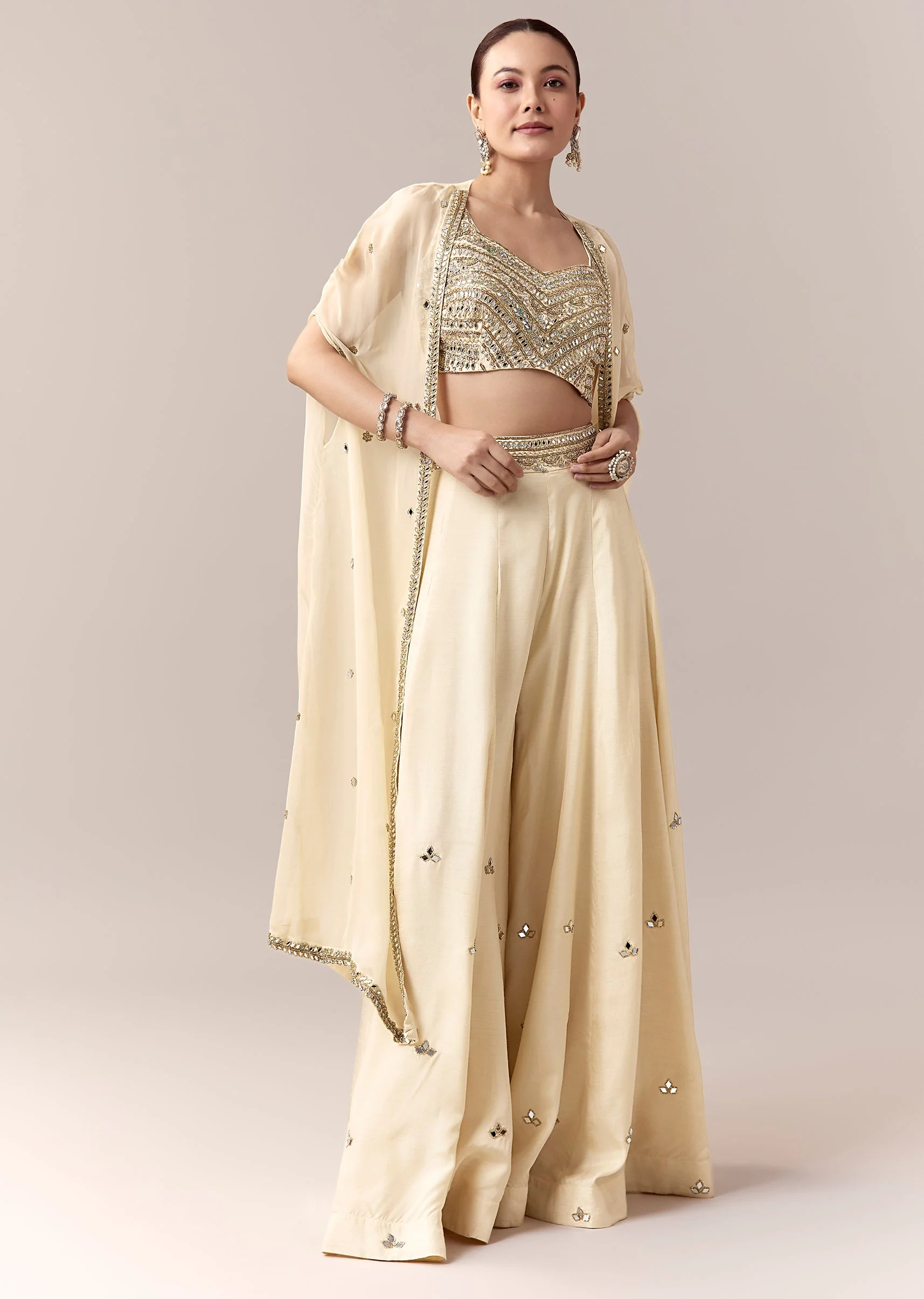 Cream Crop Top Pants Indo Western With Mirror Cut Dana Work - Image 3