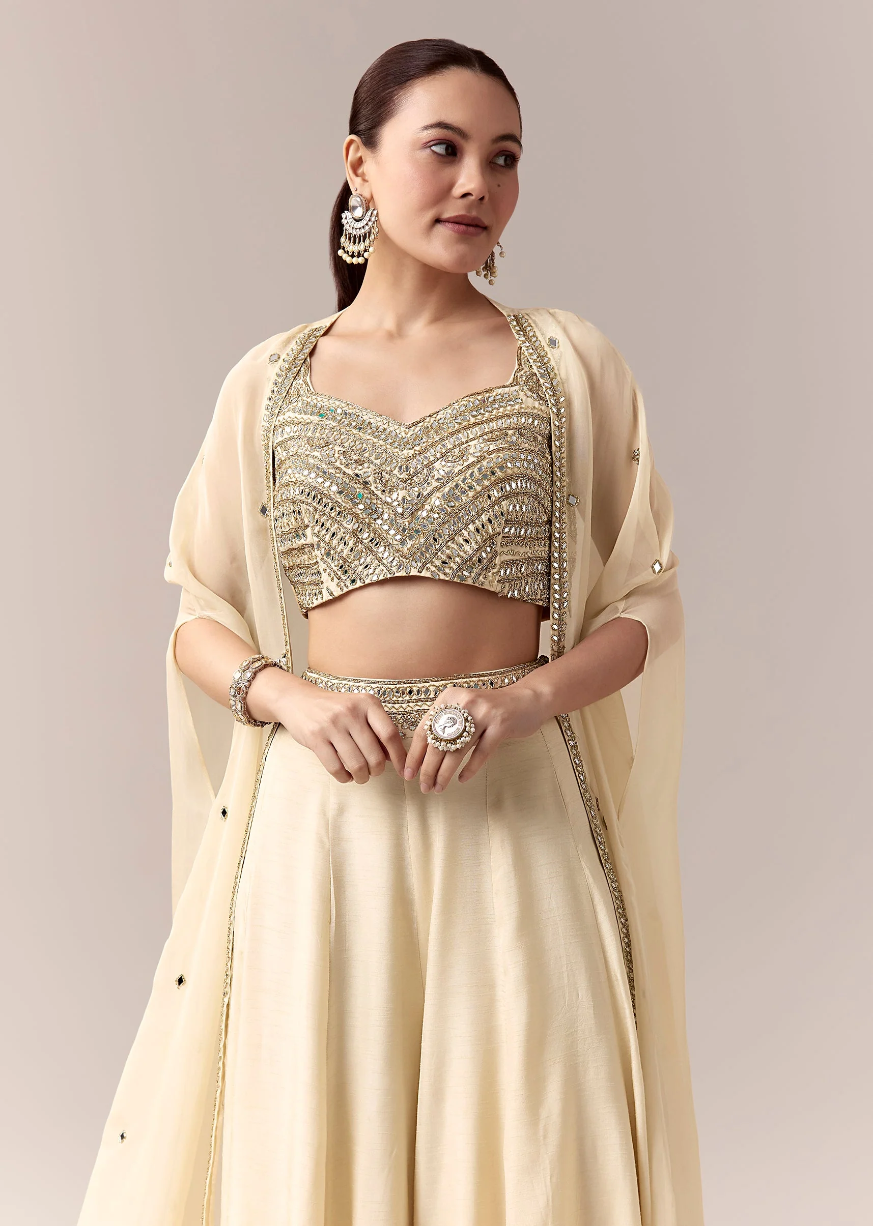 Cream Crop Top Pants Indo Western With Mirror Cut Dana Work - Image 4