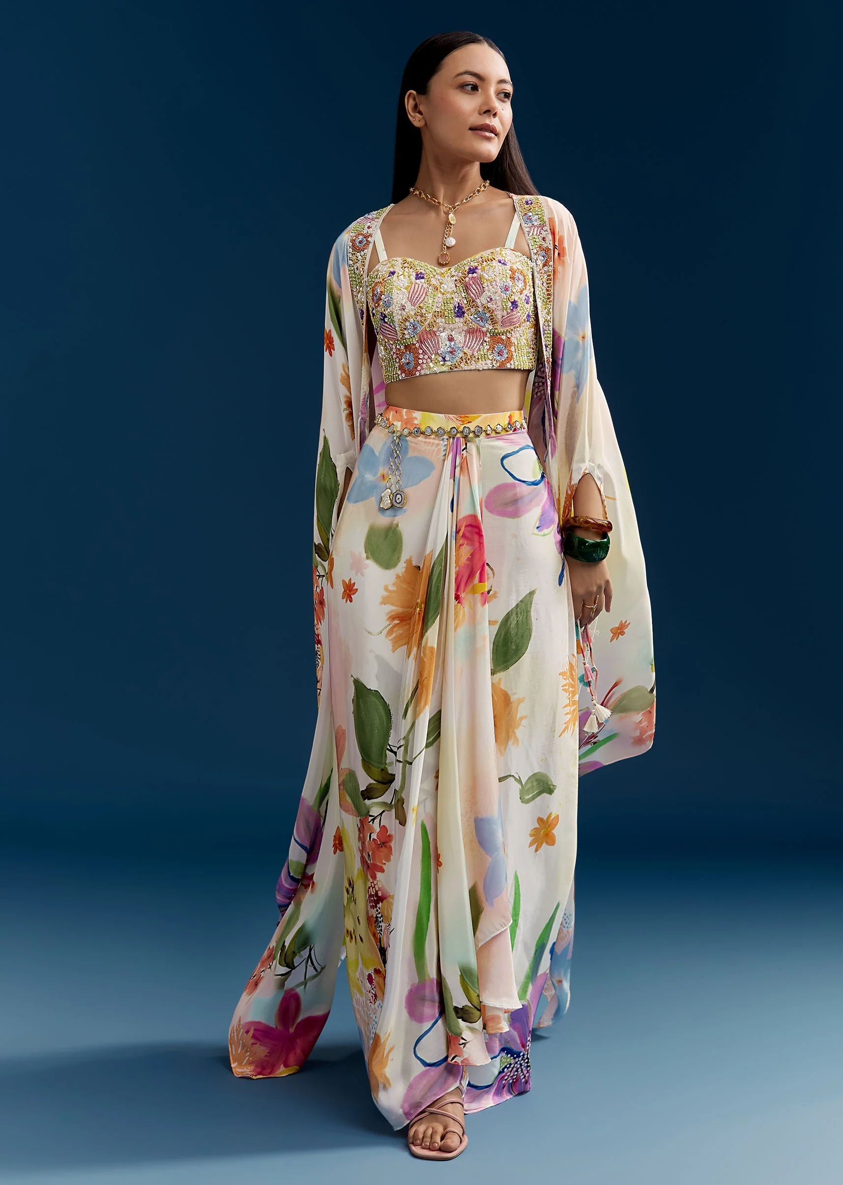 Cream Crop Top Skirt Set With Embroidered Cape And Floral Print - Image 3
