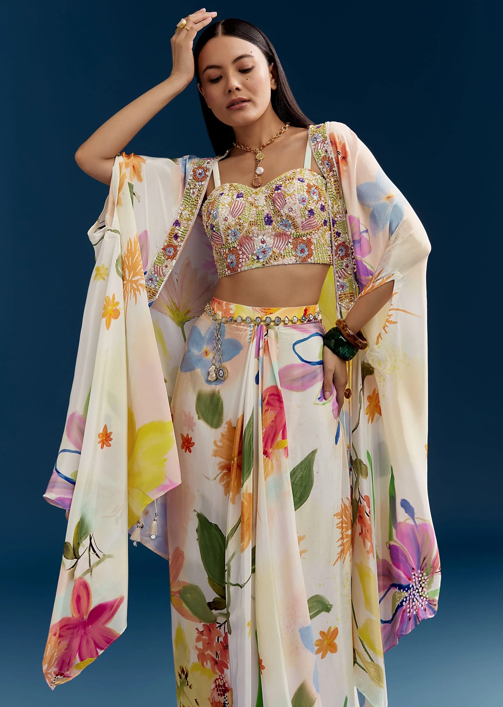 Cream Crop Top Skirt Set With Embroidered Cape And Floral Print - Image 4