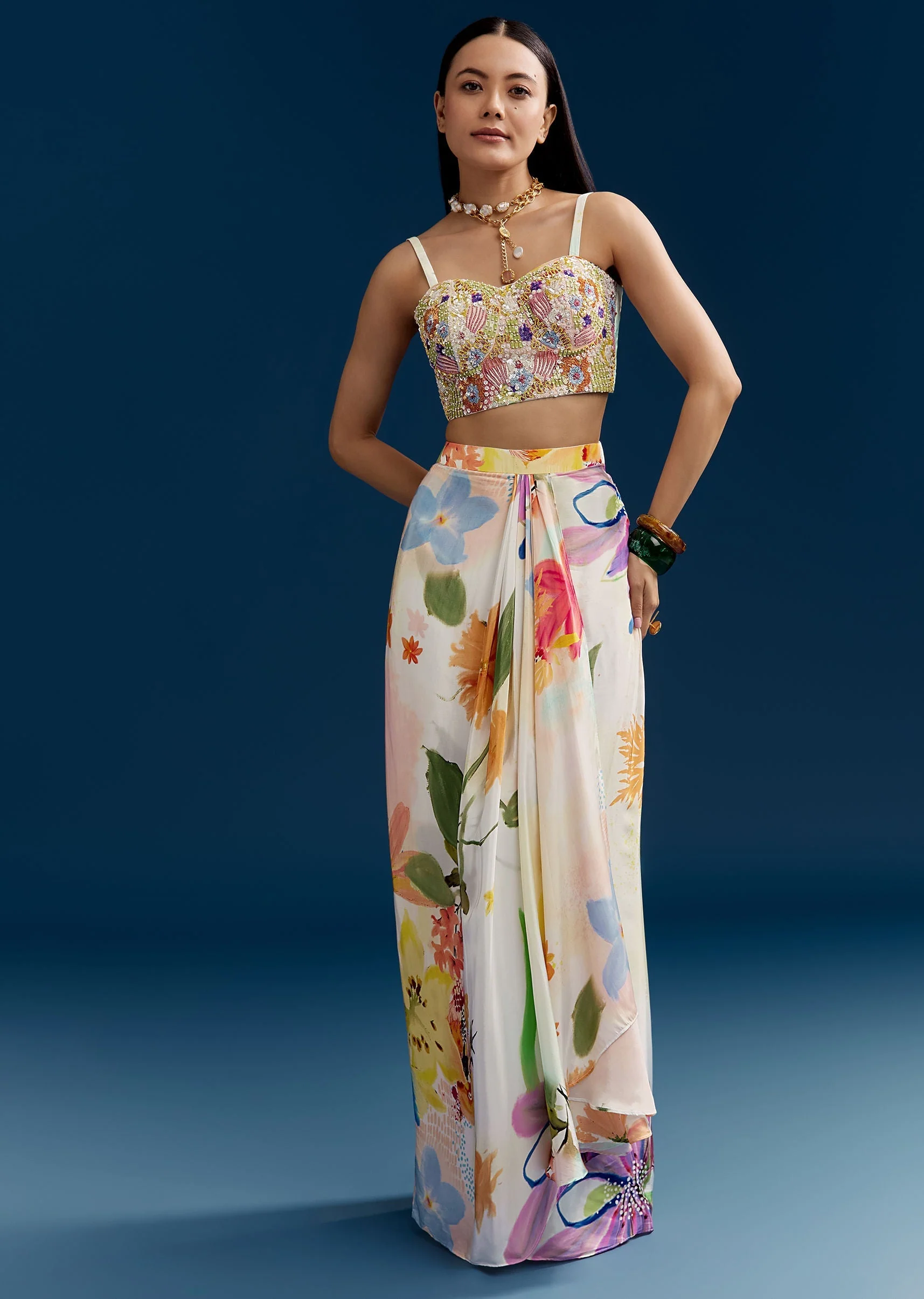 Cream Crop Top Skirt Set With Embroidered Cape And Floral Print - Image 6