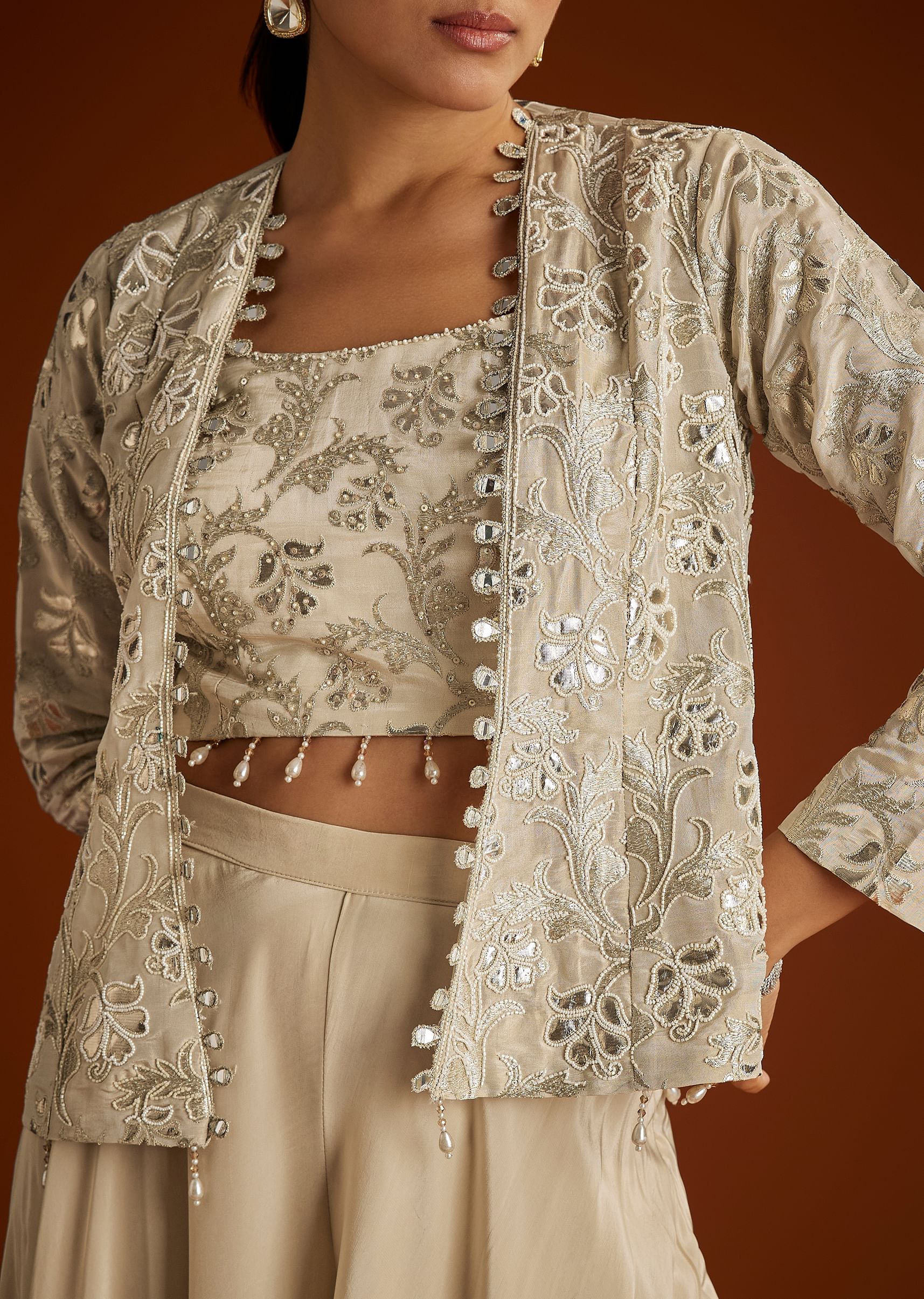 Cream Croptop Patch And Sequin Croptop Jacket Set - Image 2
