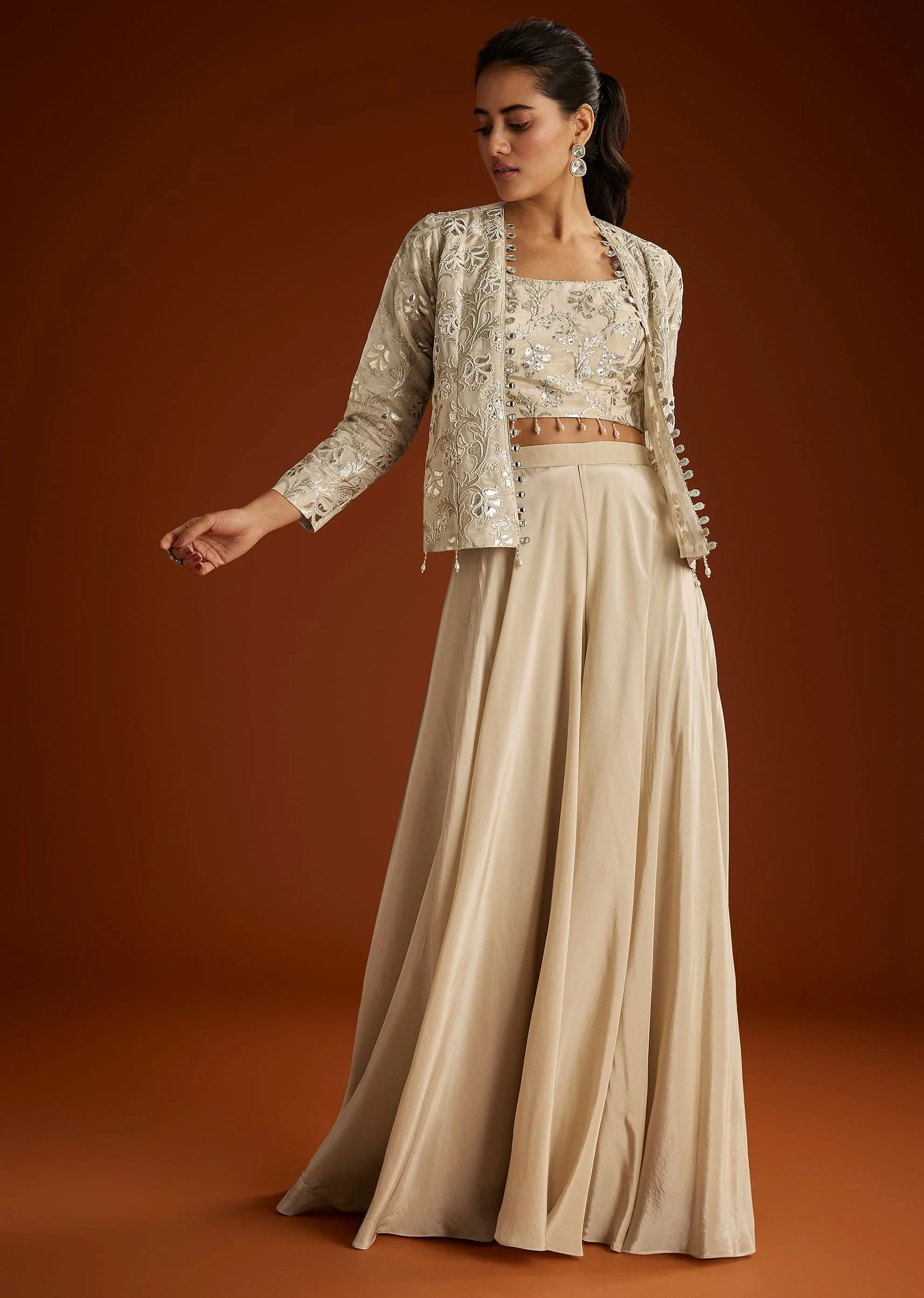 Cream Croptop Patch And Sequin Croptop Jacket Set - Image 3