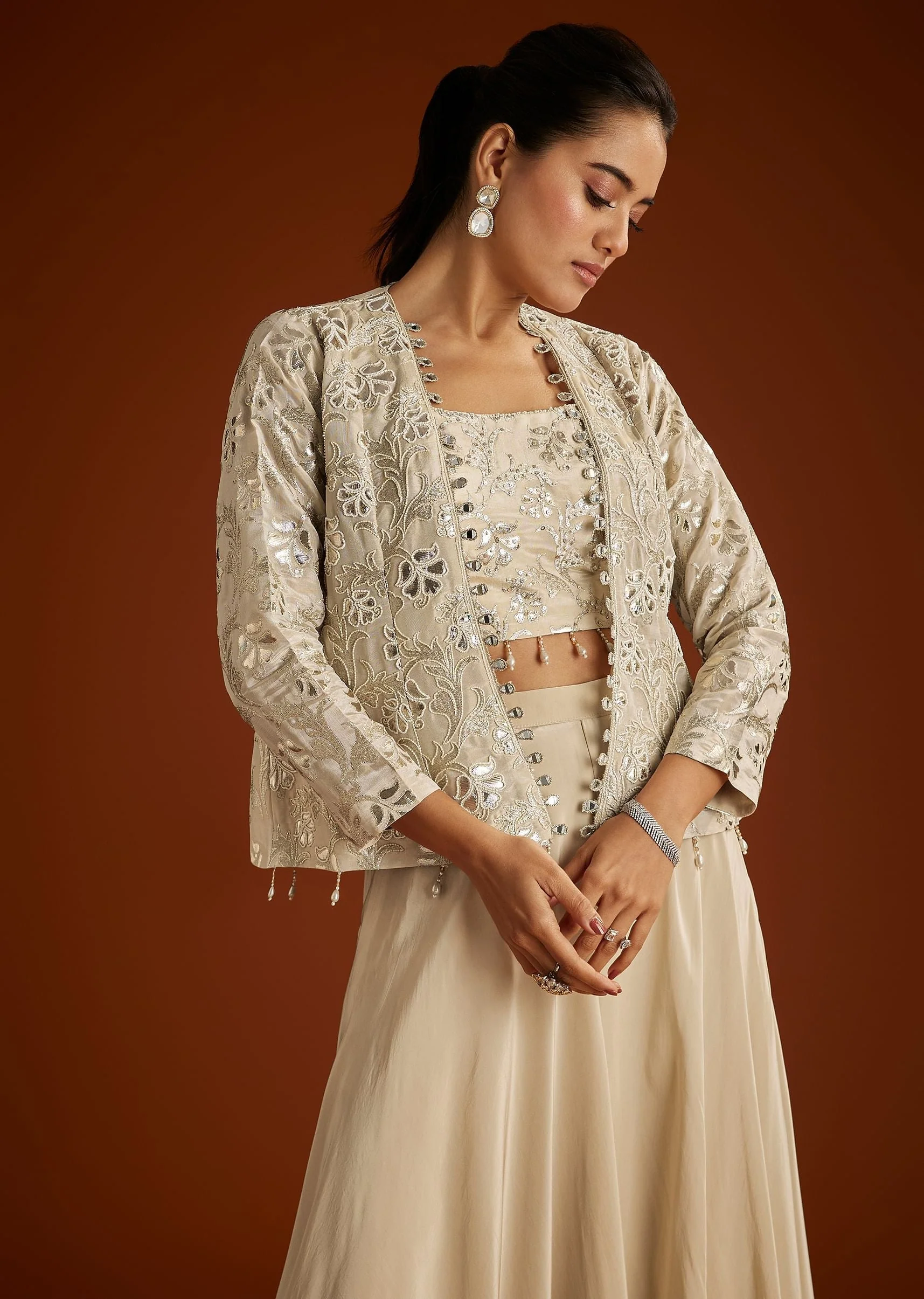 Cream Croptop Patch And Sequin Croptop Jacket Set - Image 4
