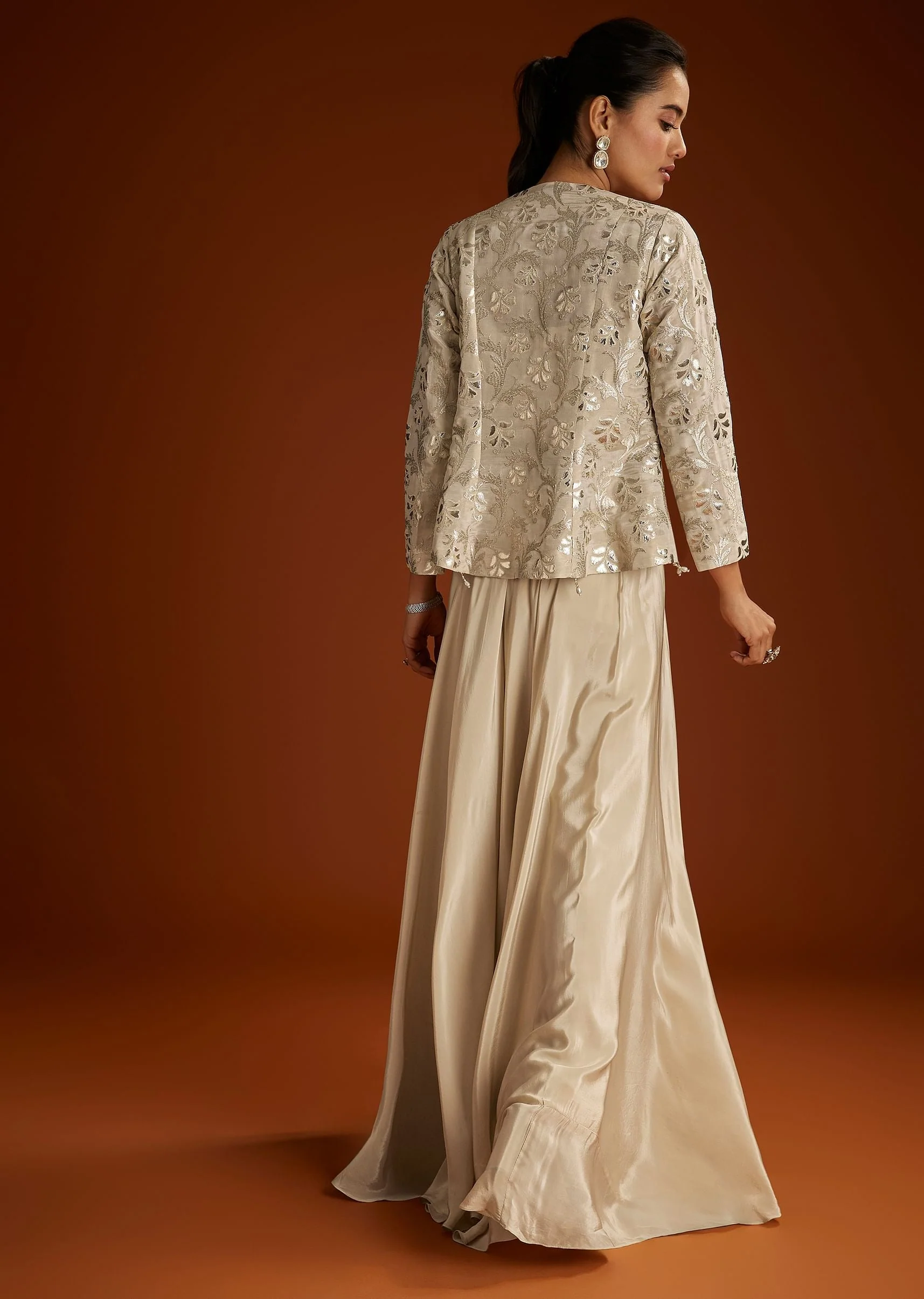 Cream Croptop Patch And Sequin Croptop Jacket Set - Image 5