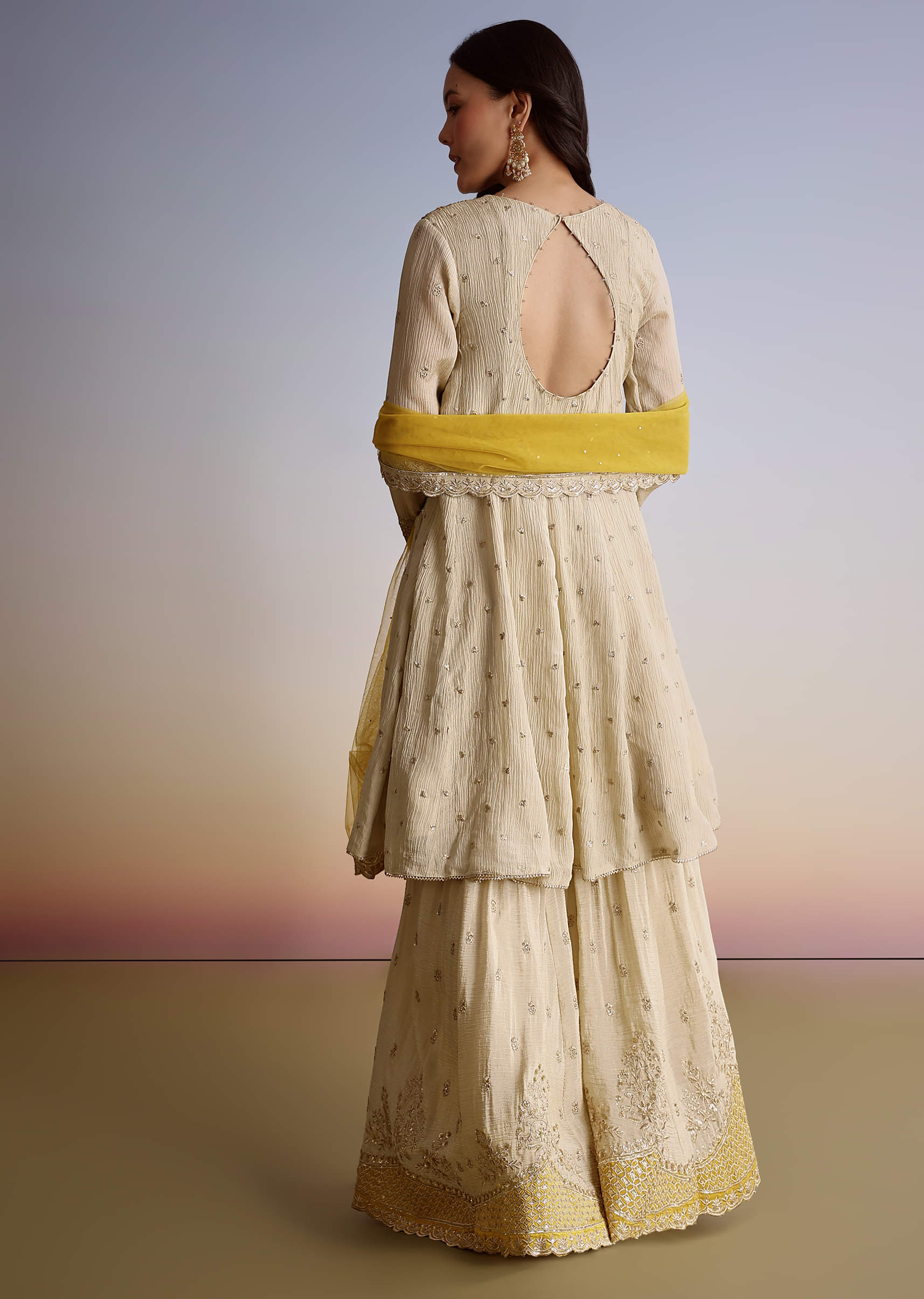 Cream Crush Tissue Sharara Suit With Zari Sequins Work - Image 4