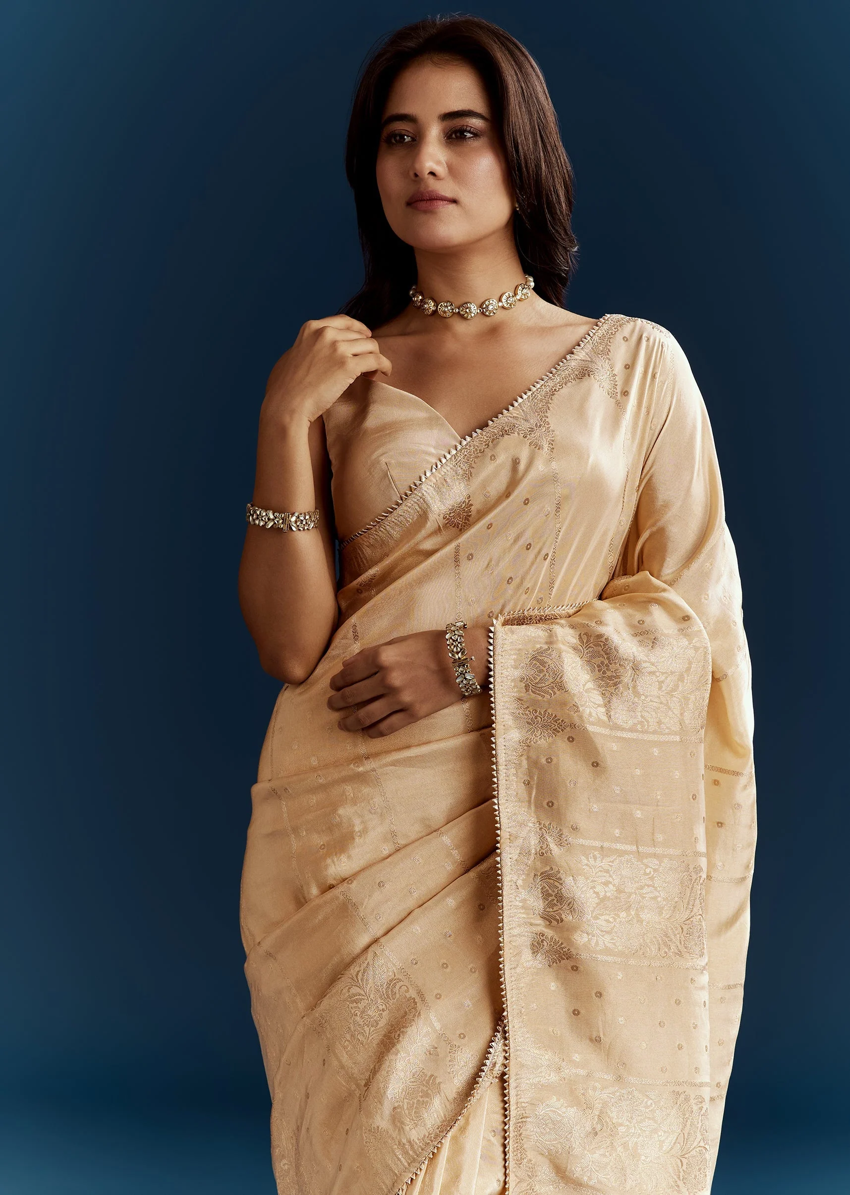 Cream Dola Silk Brocade Saree With Gota Patti Work - Image 3