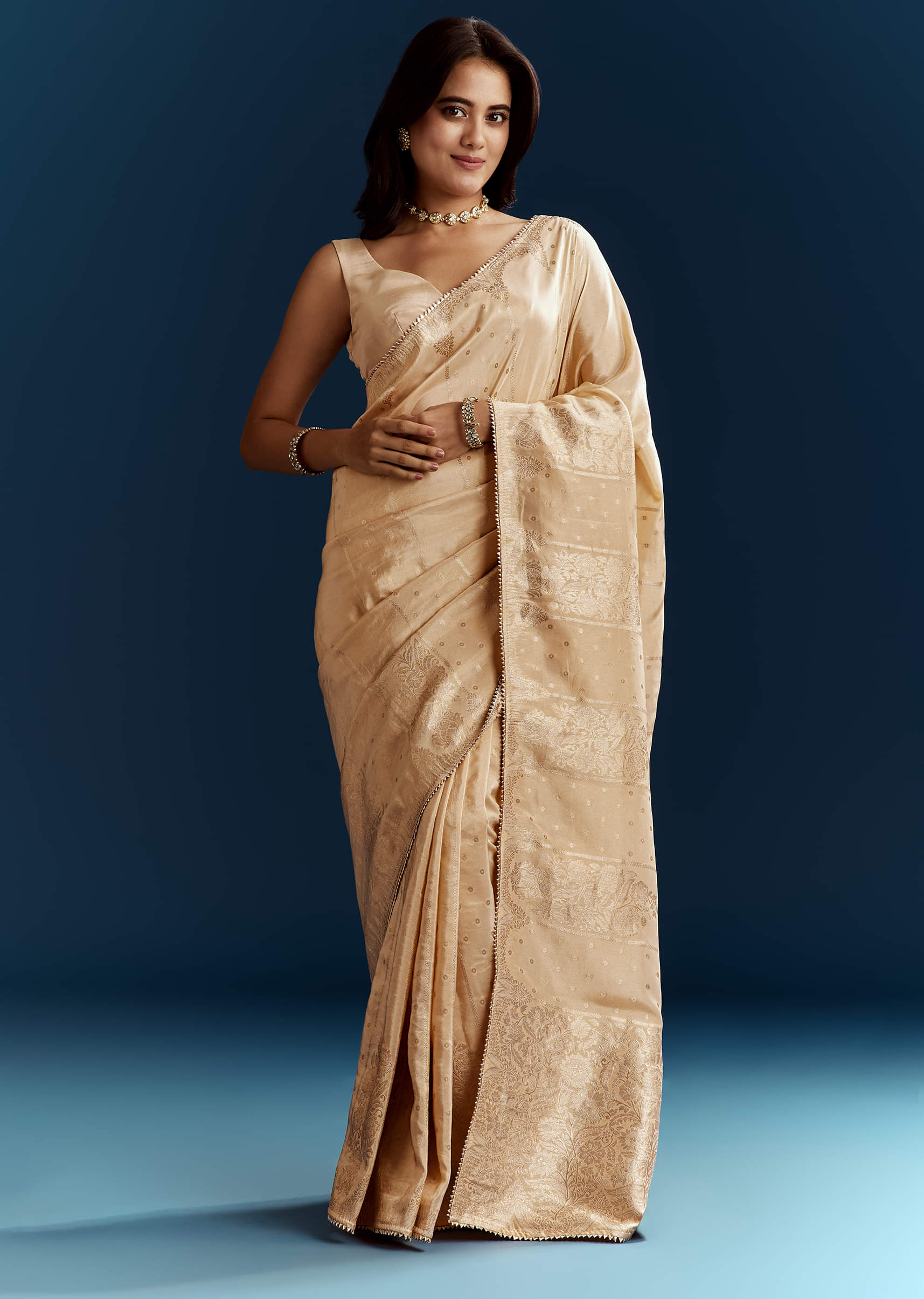 Cream Dola Silk Brocade Saree With Gota Patti Work - Image 4