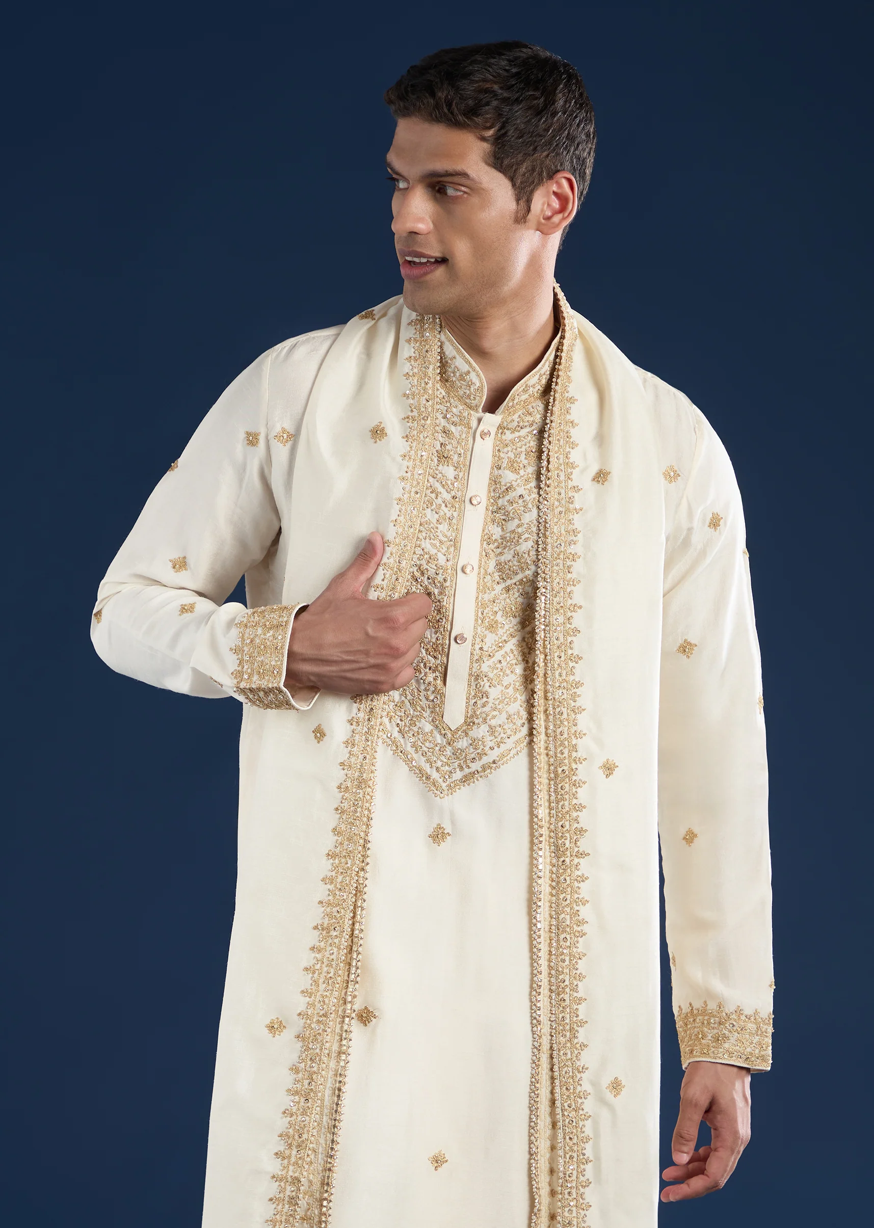 Cream Embellished Kurta with Dhoti & Dupatta Set - Image 2