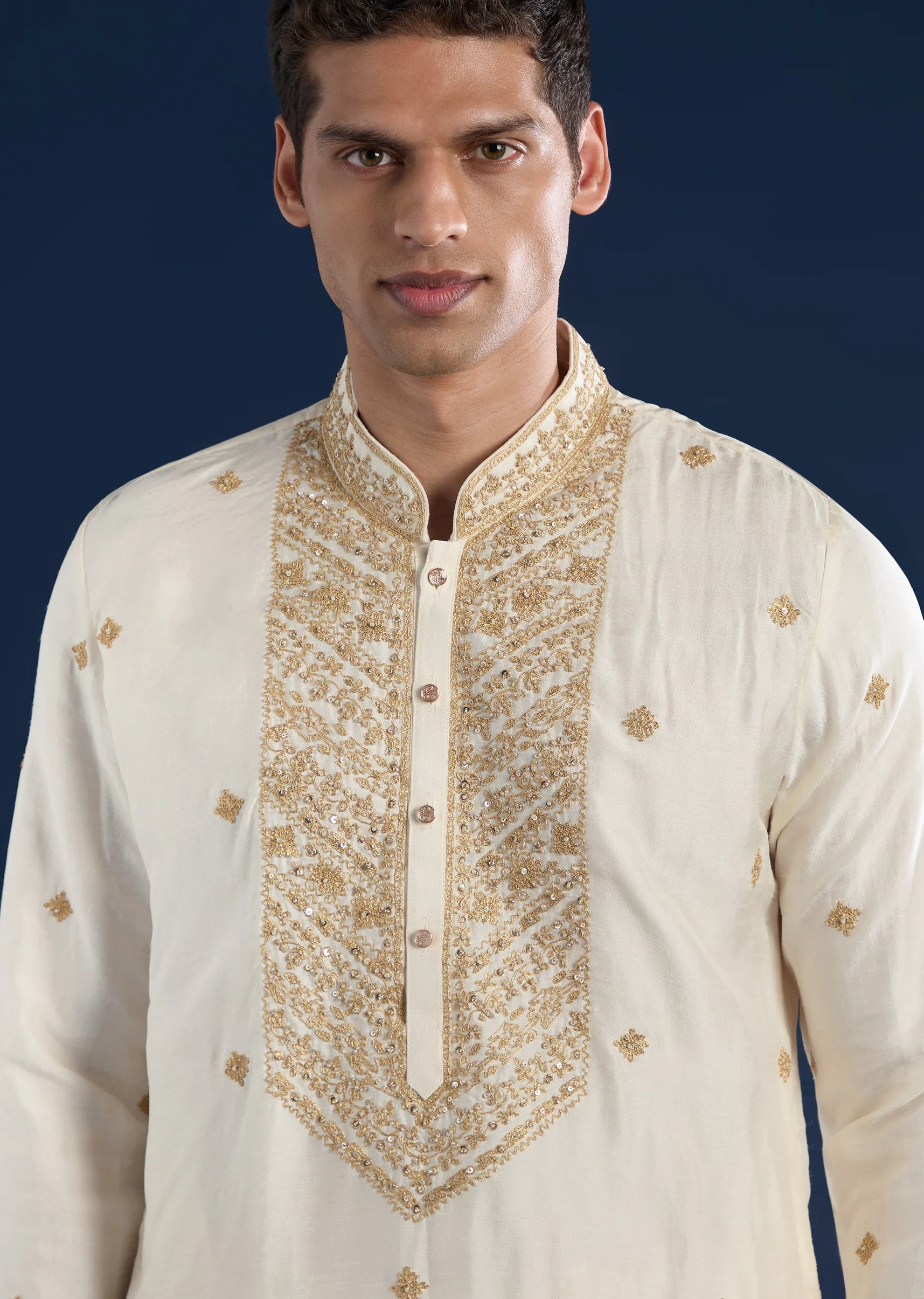 Cream Embellished Kurta with Dhoti & Dupatta Set - Image 4