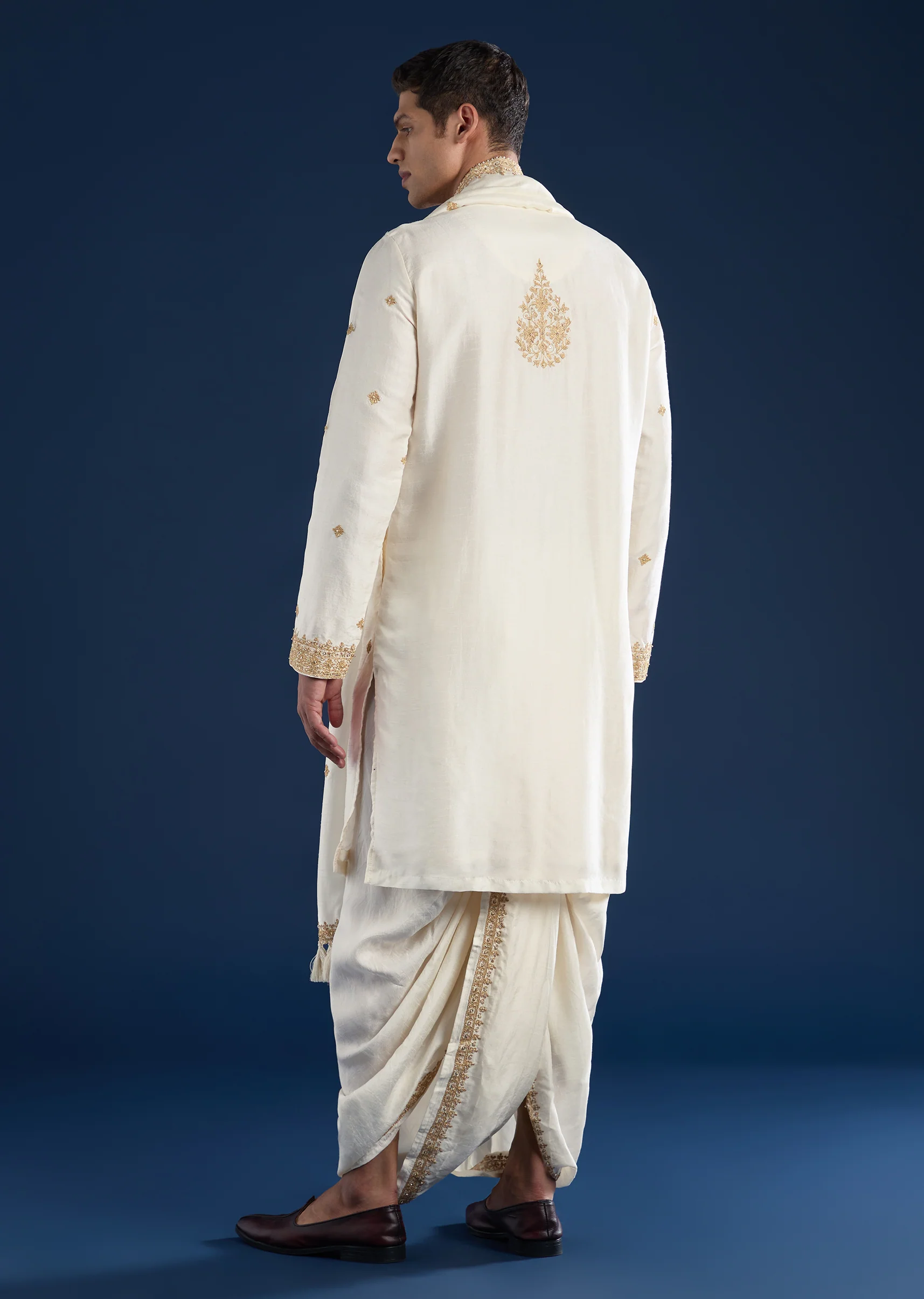 Cream Embellished Kurta with Dhoti & Dupatta Set - Image 5