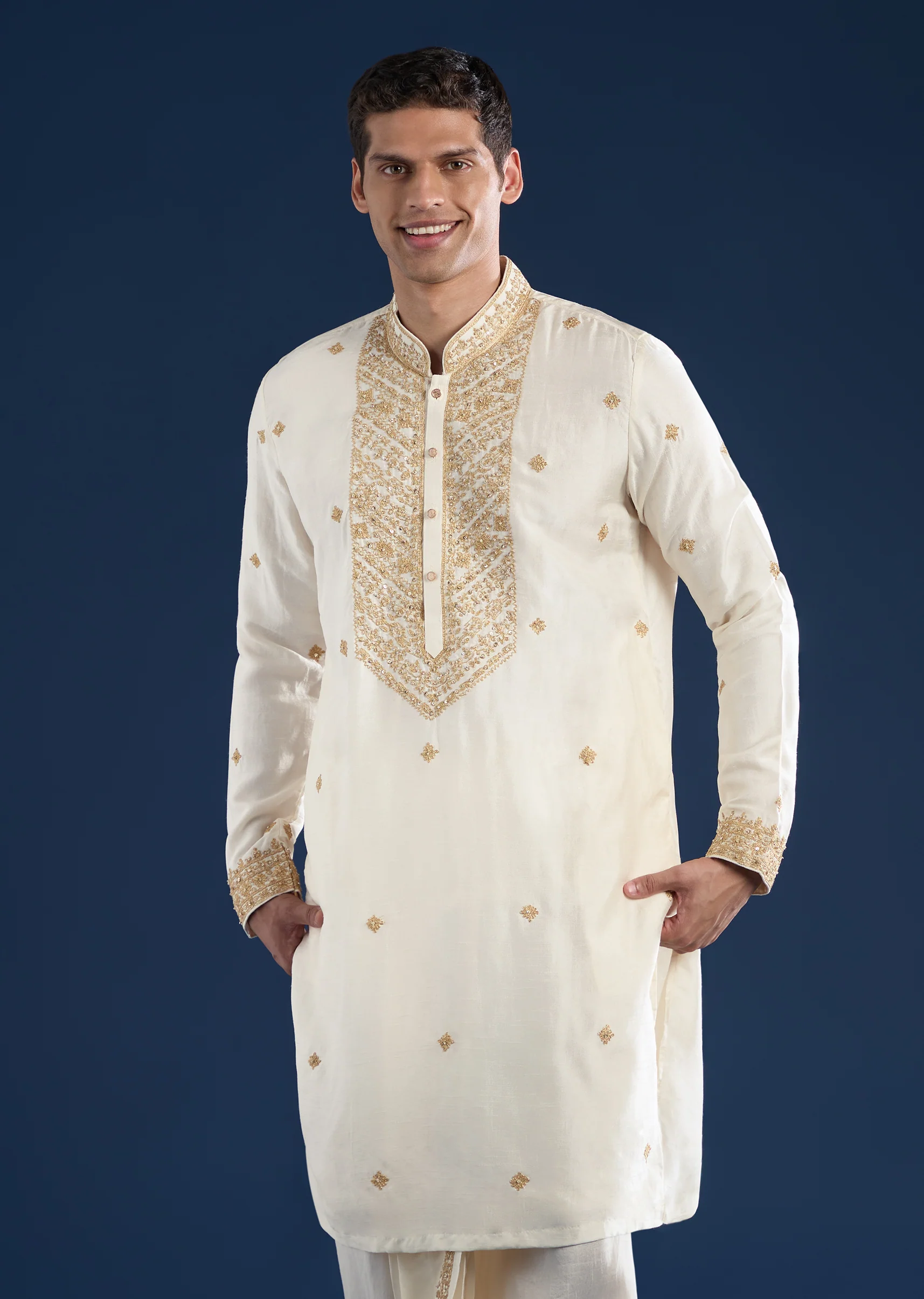 Cream Embellished Kurta with Dhoti & Dupatta Set - Image 6