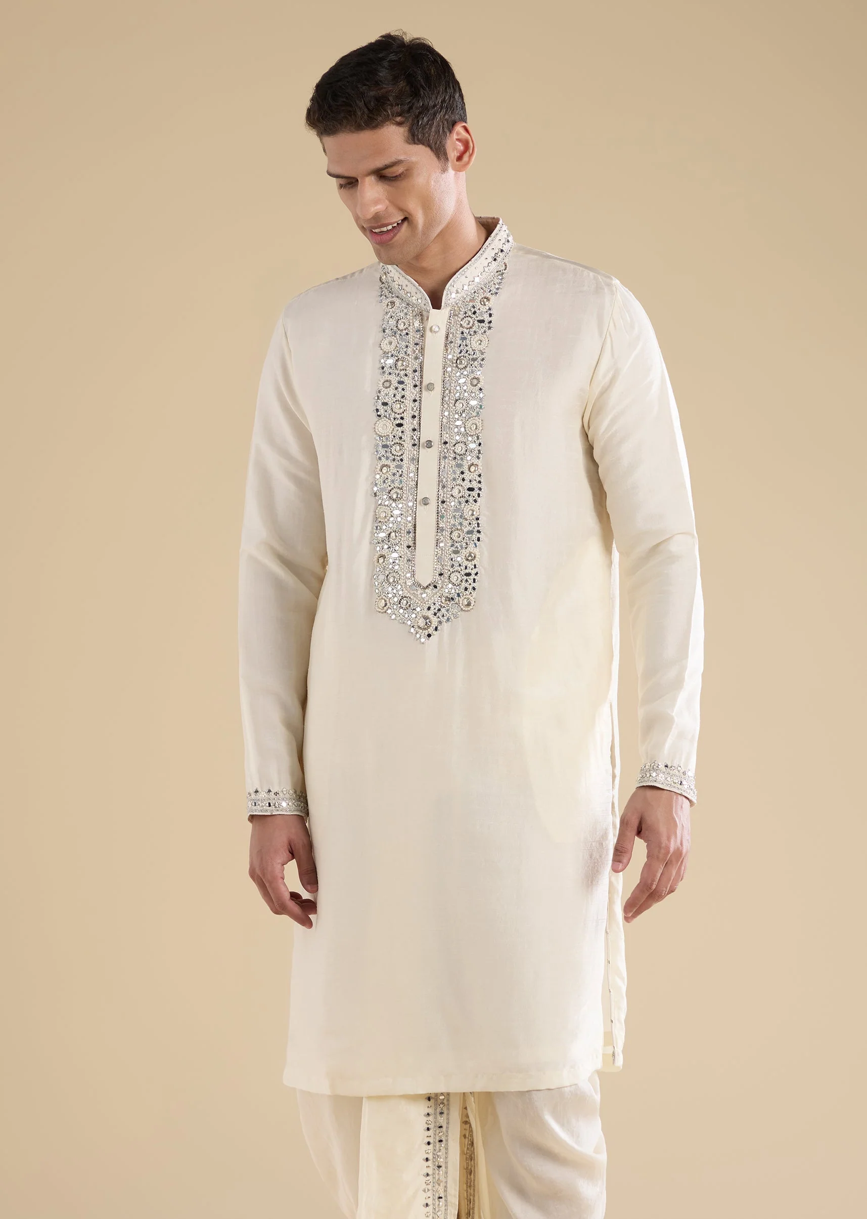 Cream Embellished Muhurtham Kurta Dhoti Set with Stole - Image 6