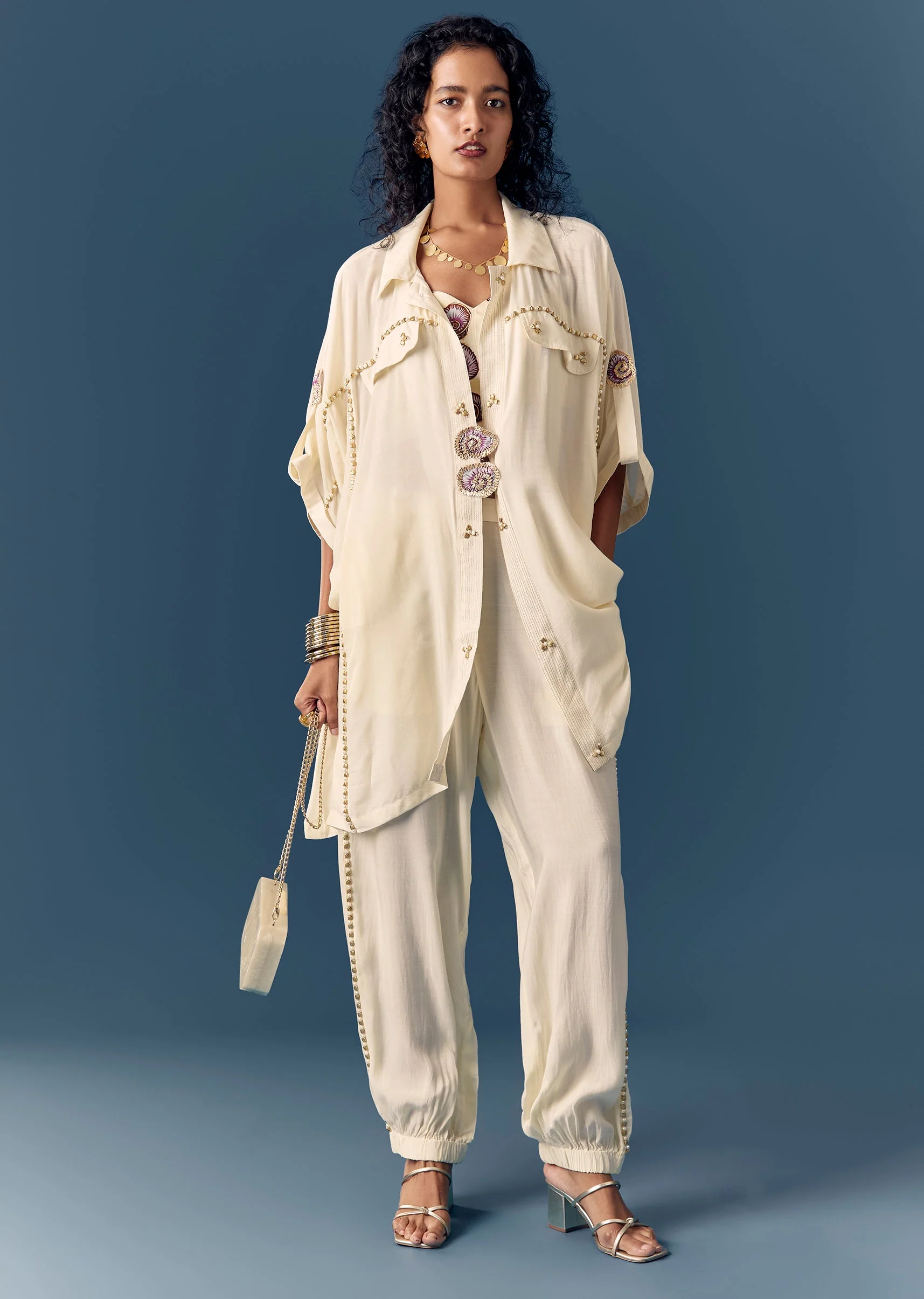 Cream Embellished Shirt Co ord Set