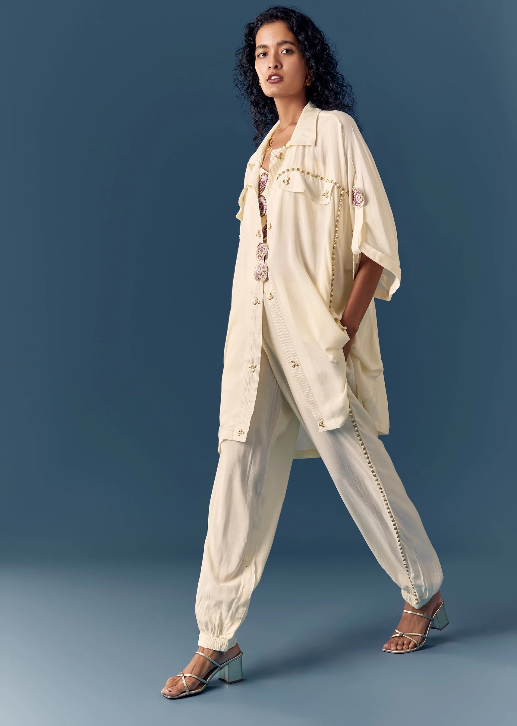 Cream Embellished Shirt Co ord Set - Image 3