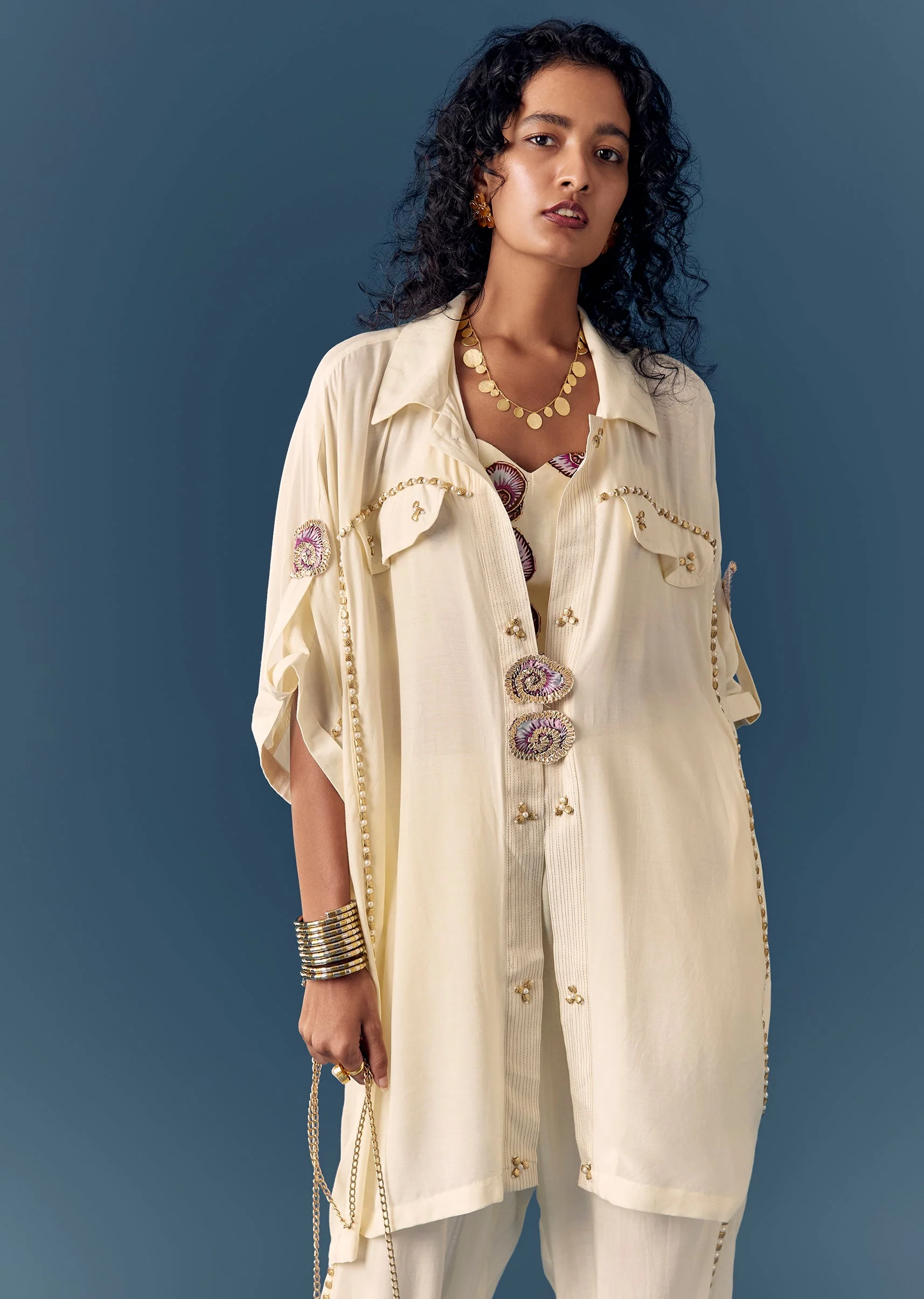 Cream Embellished Shirt Co ord Set - Image 4
