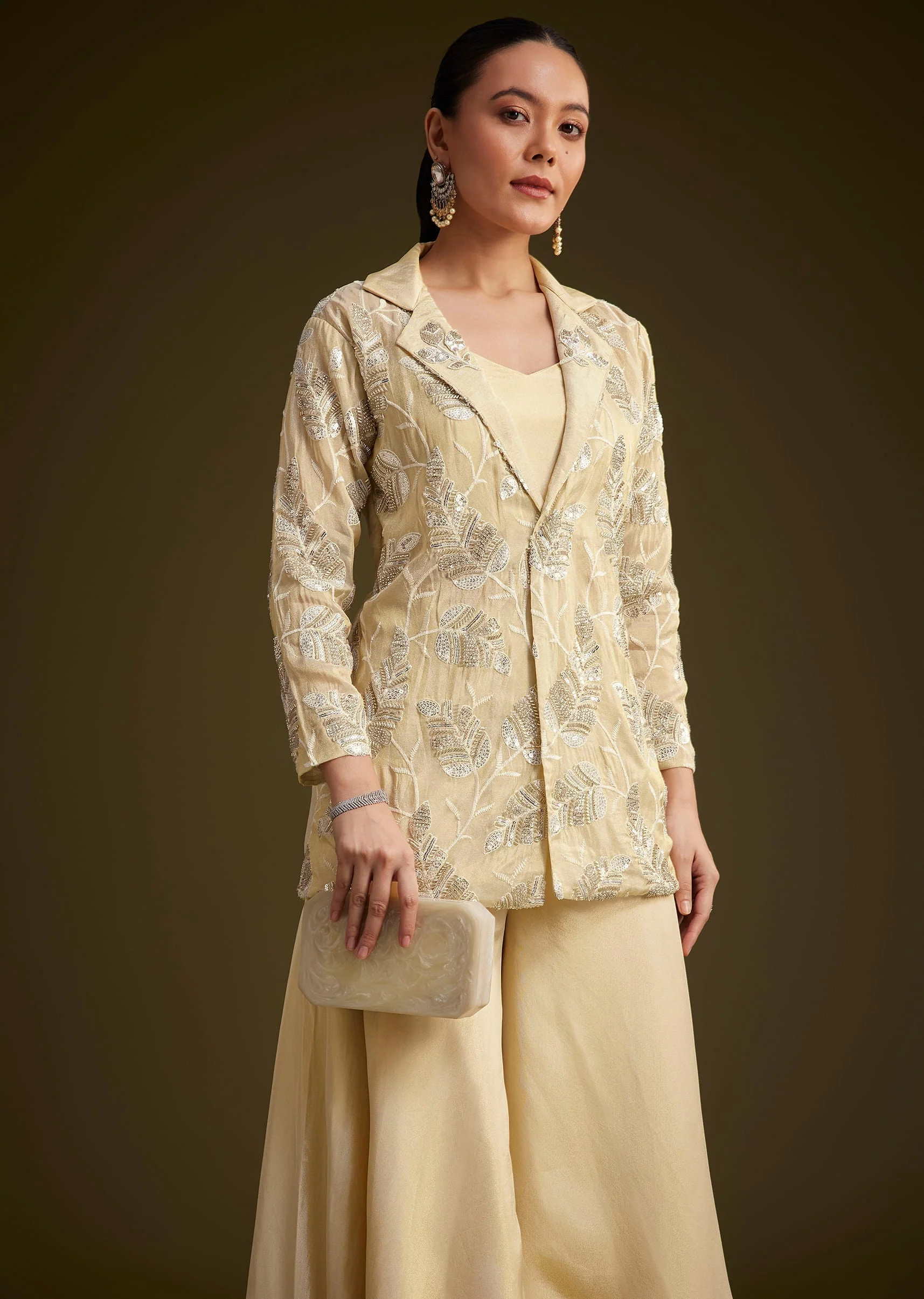 Cream Embroidered Croptop Palazzo And Jacket Set