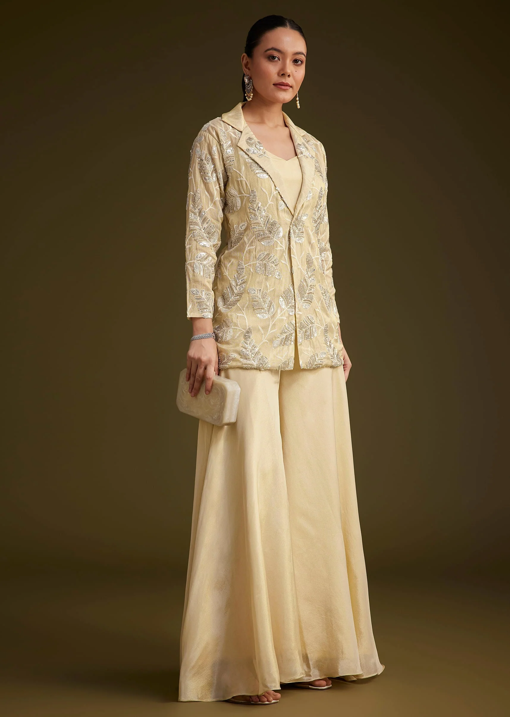 Cream Embroidered Croptop Palazzo And Jacket Set - Image 2