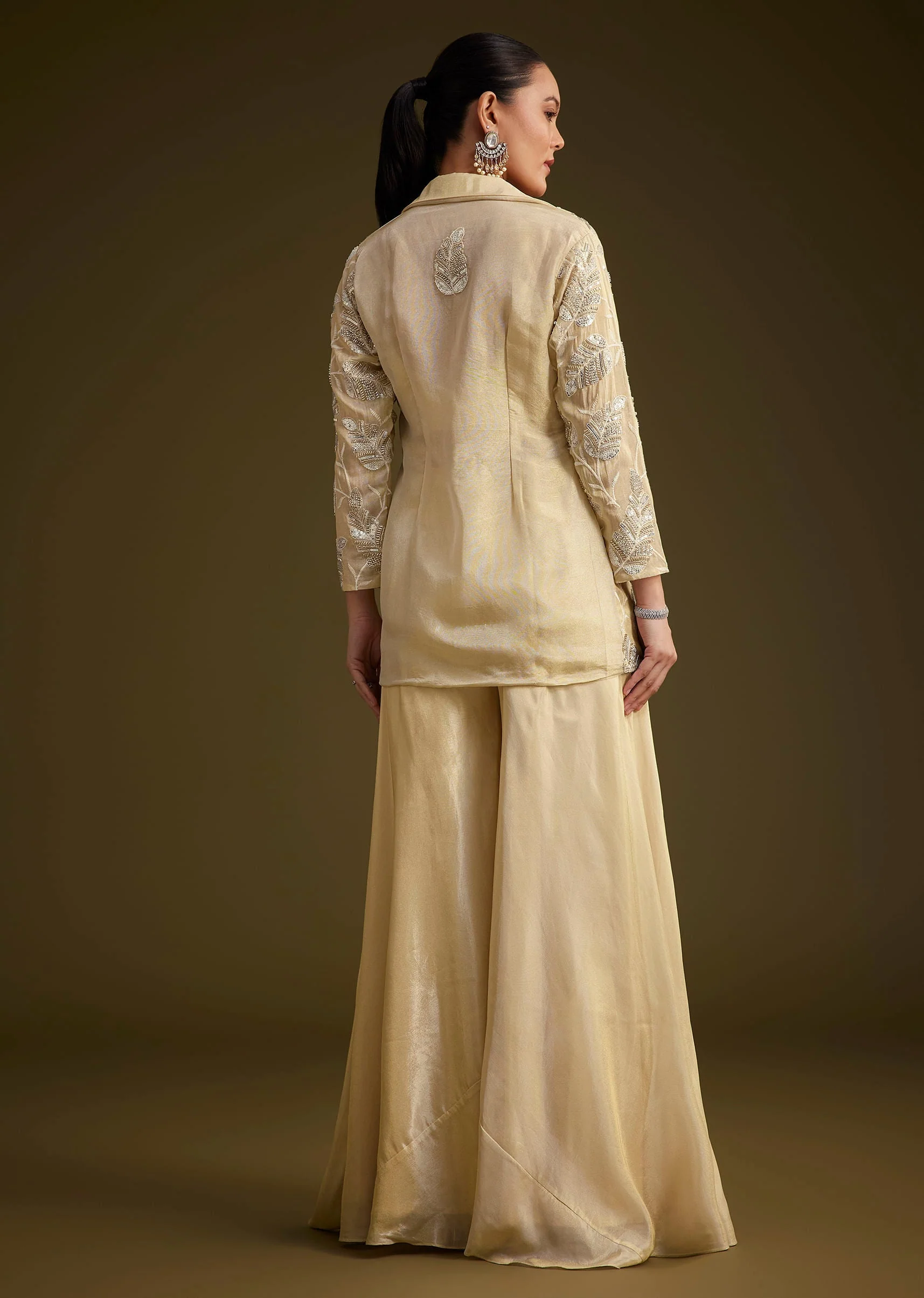 Cream Embroidered Croptop Palazzo And Jacket Set - Image 5