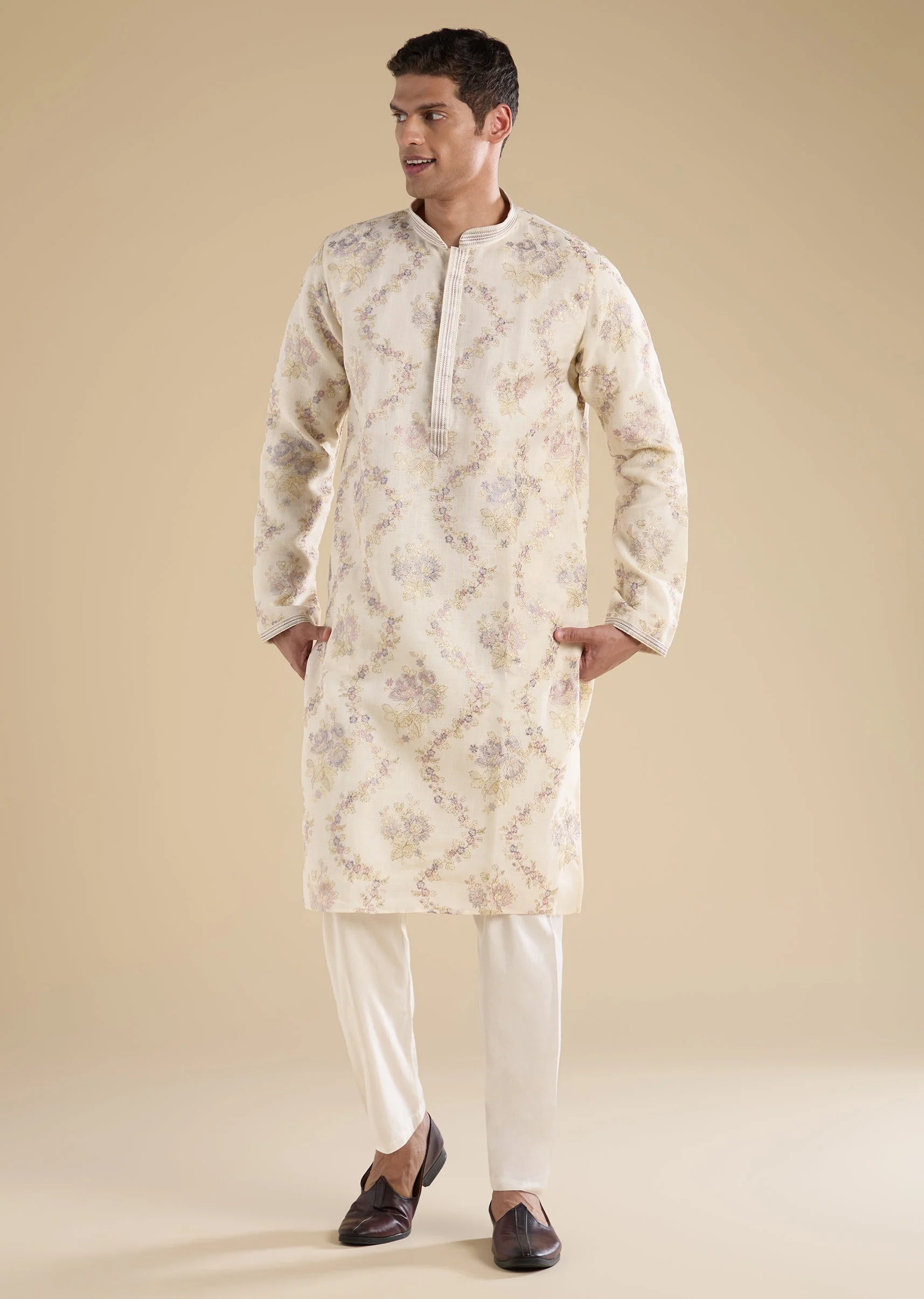 Cream Embroidered Kurta Set